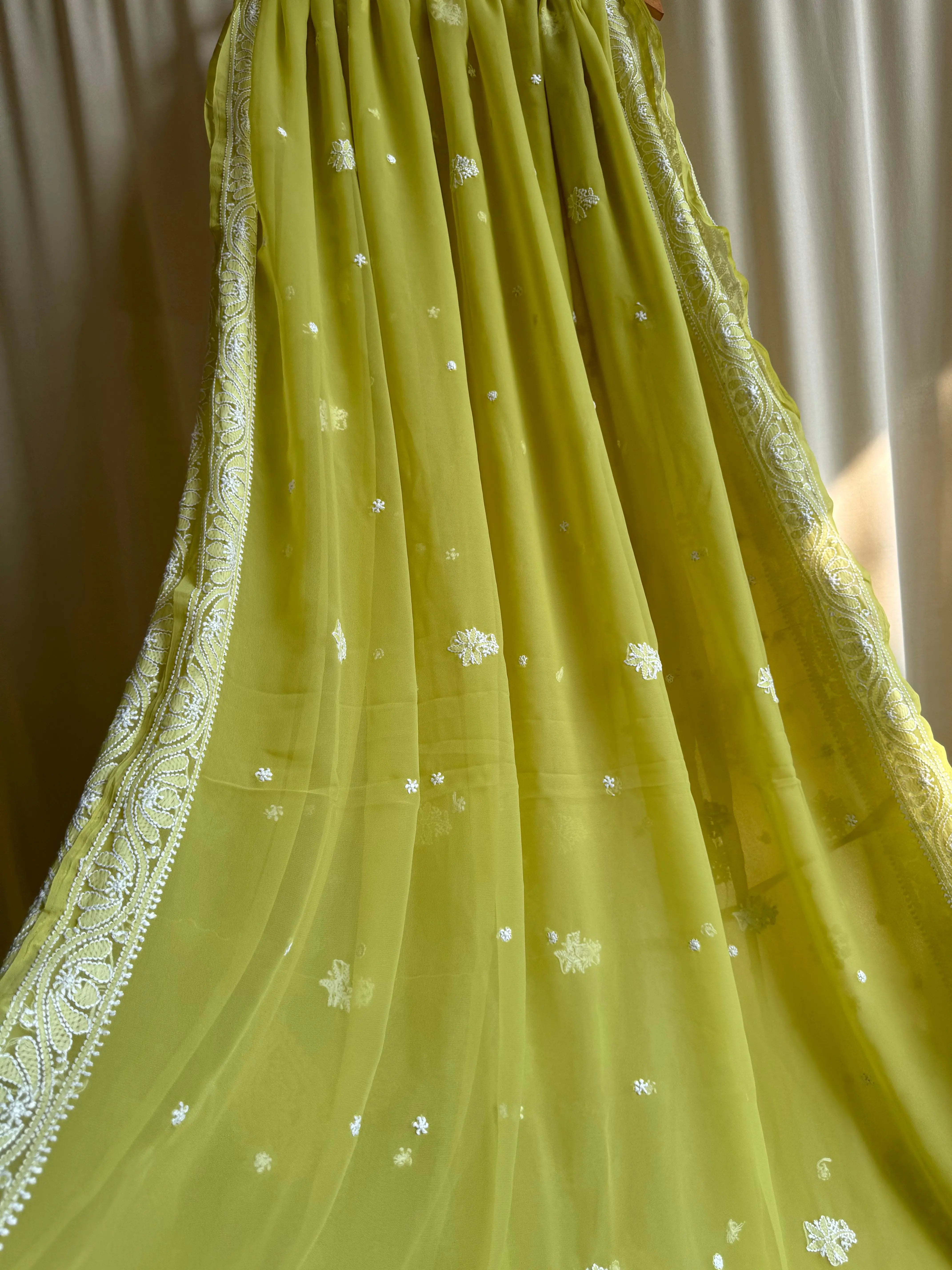Georgette Chikankari saree in Mehndi Green ARIAA CHIKANKARI