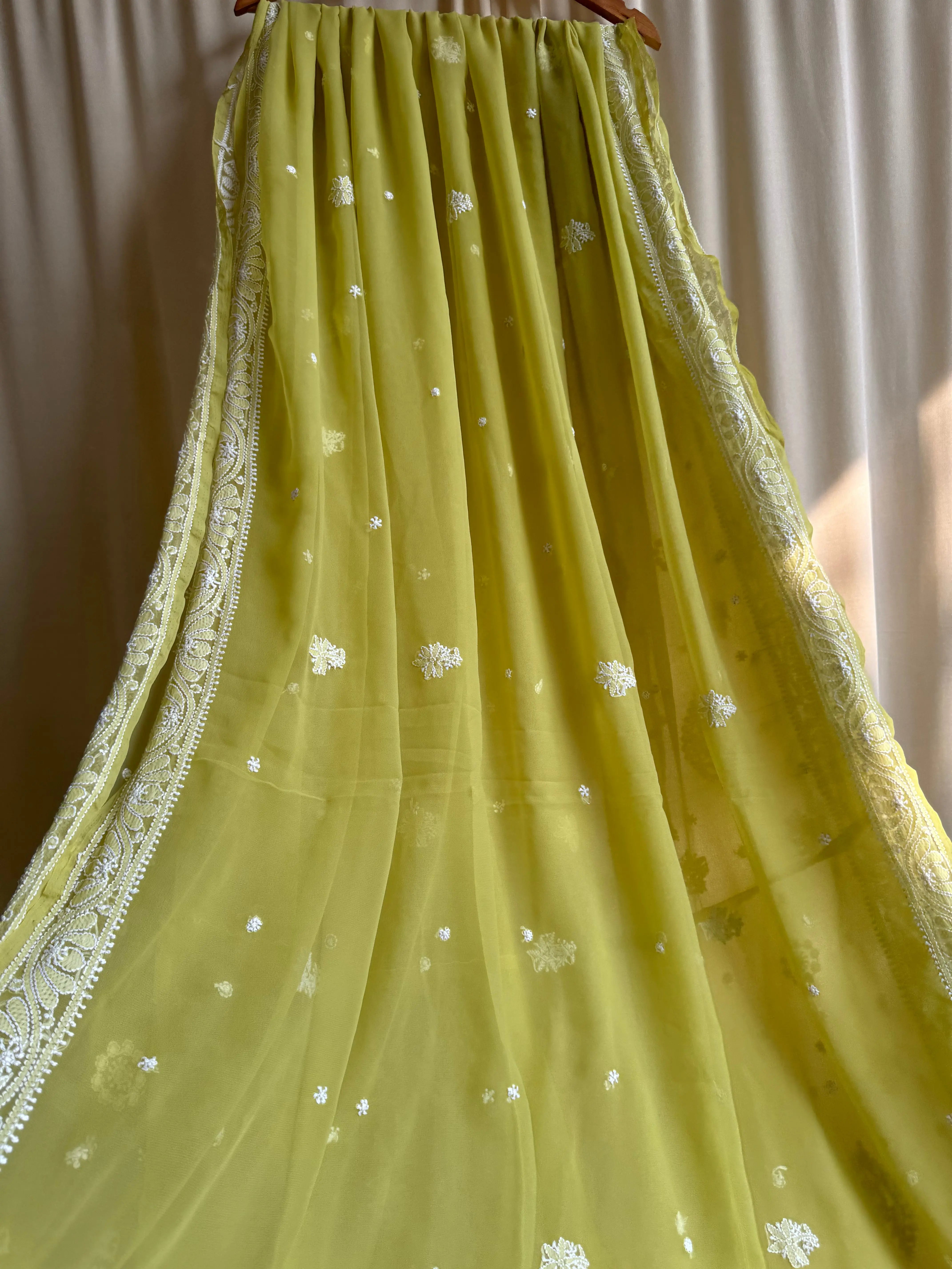 Georgette Chikankari saree in Mehndi Green ARIAA CHIKANKARI