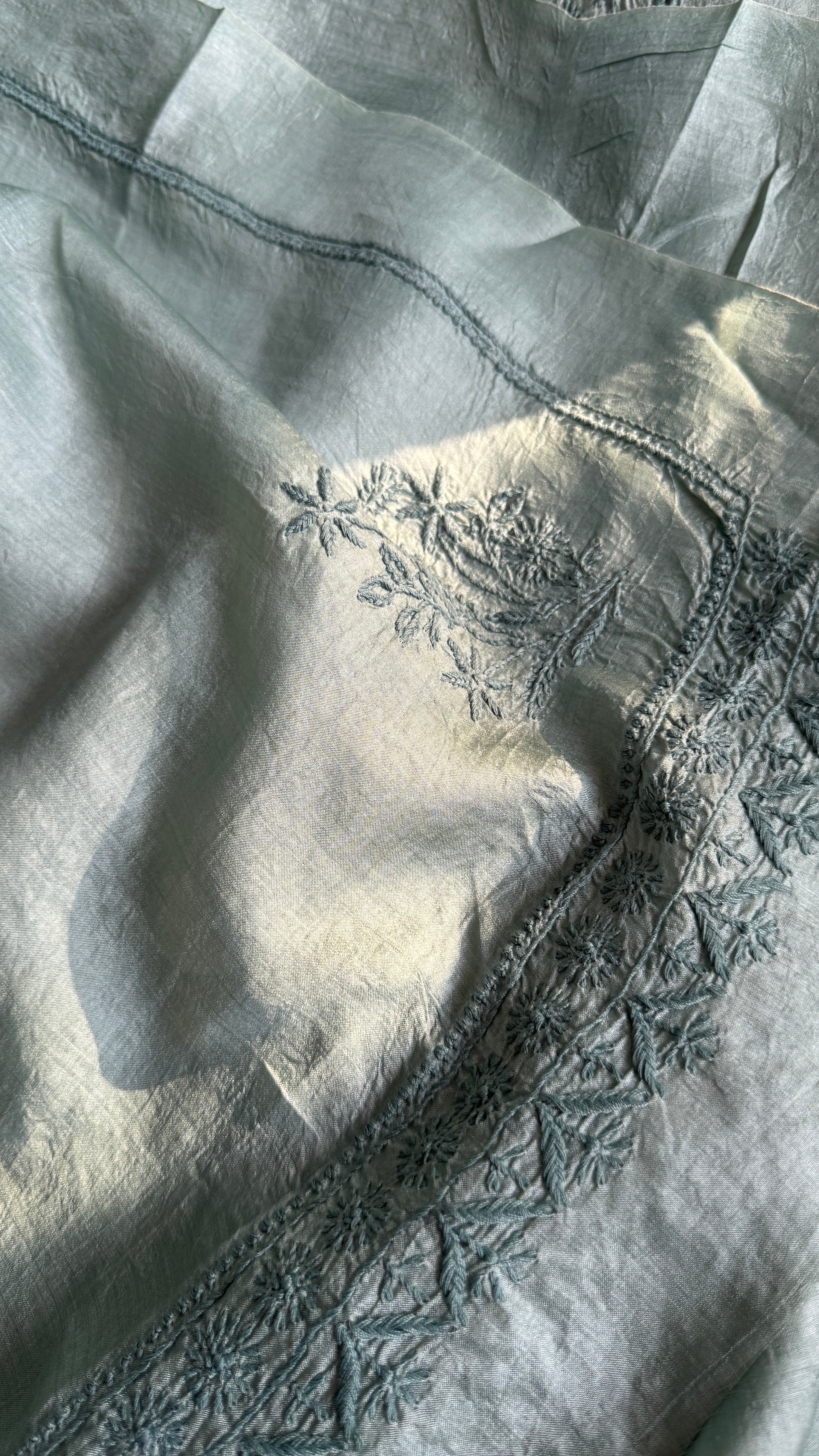 Pure Tussar Silk Chikankari Length with Dupatta - Teal Green