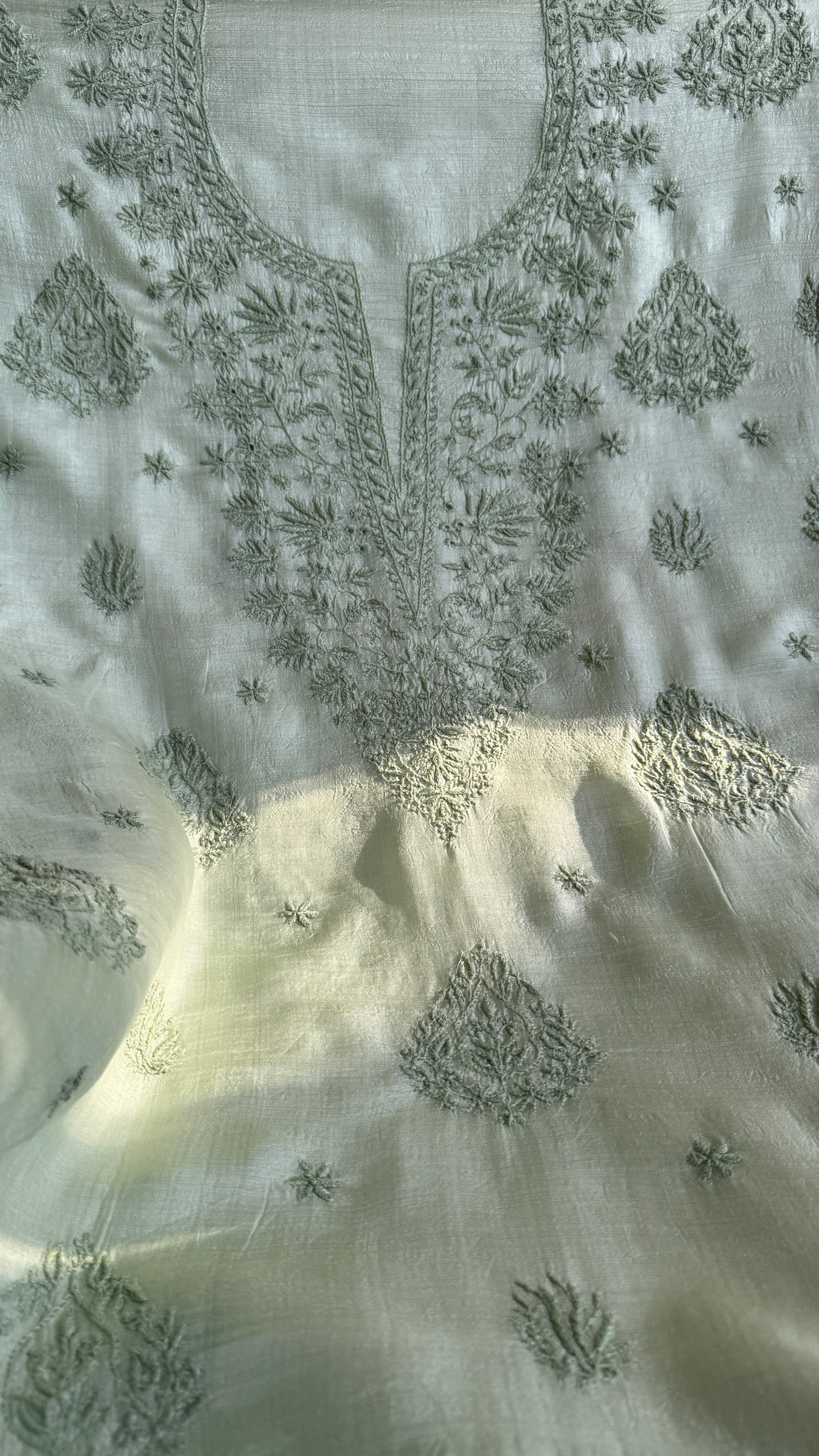 Pure Tussar Silk Chikankari Length with Dupatta - Sage Green