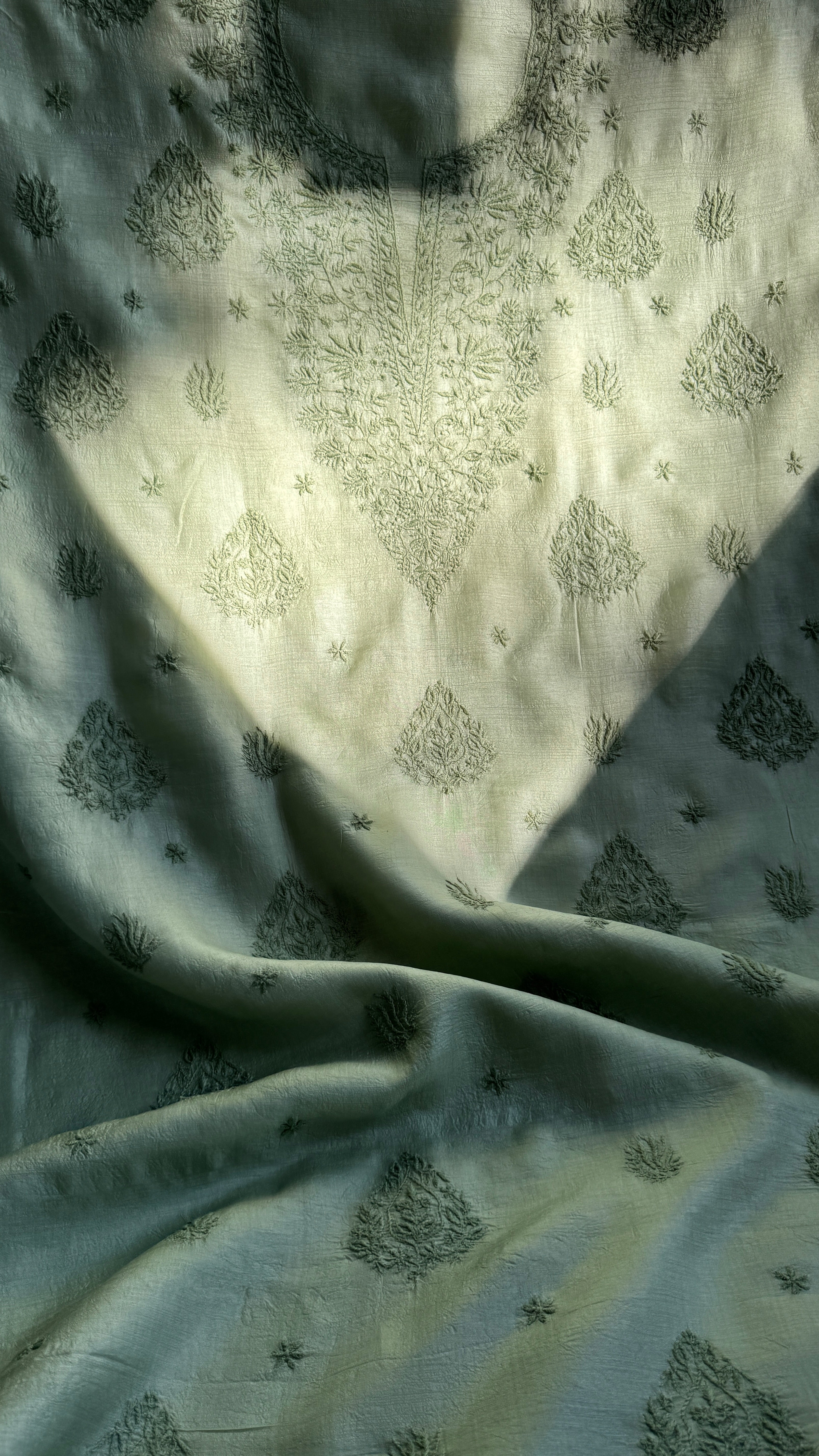 Pure Tussar Silk Chikankari Length with Dupatta - Sage Green