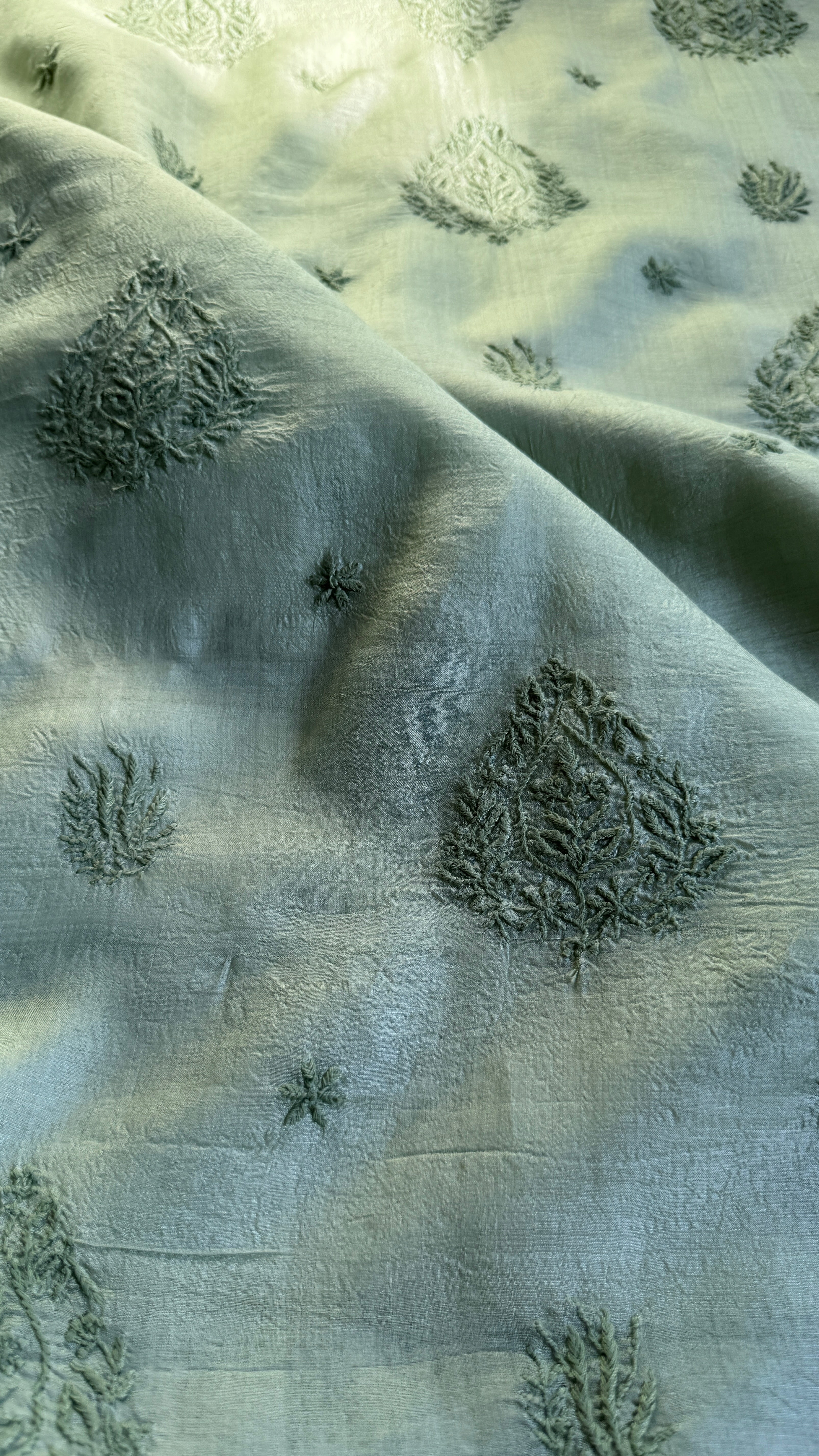 Pure Tussar Silk Chikankari Length with Dupatta - Sage Green