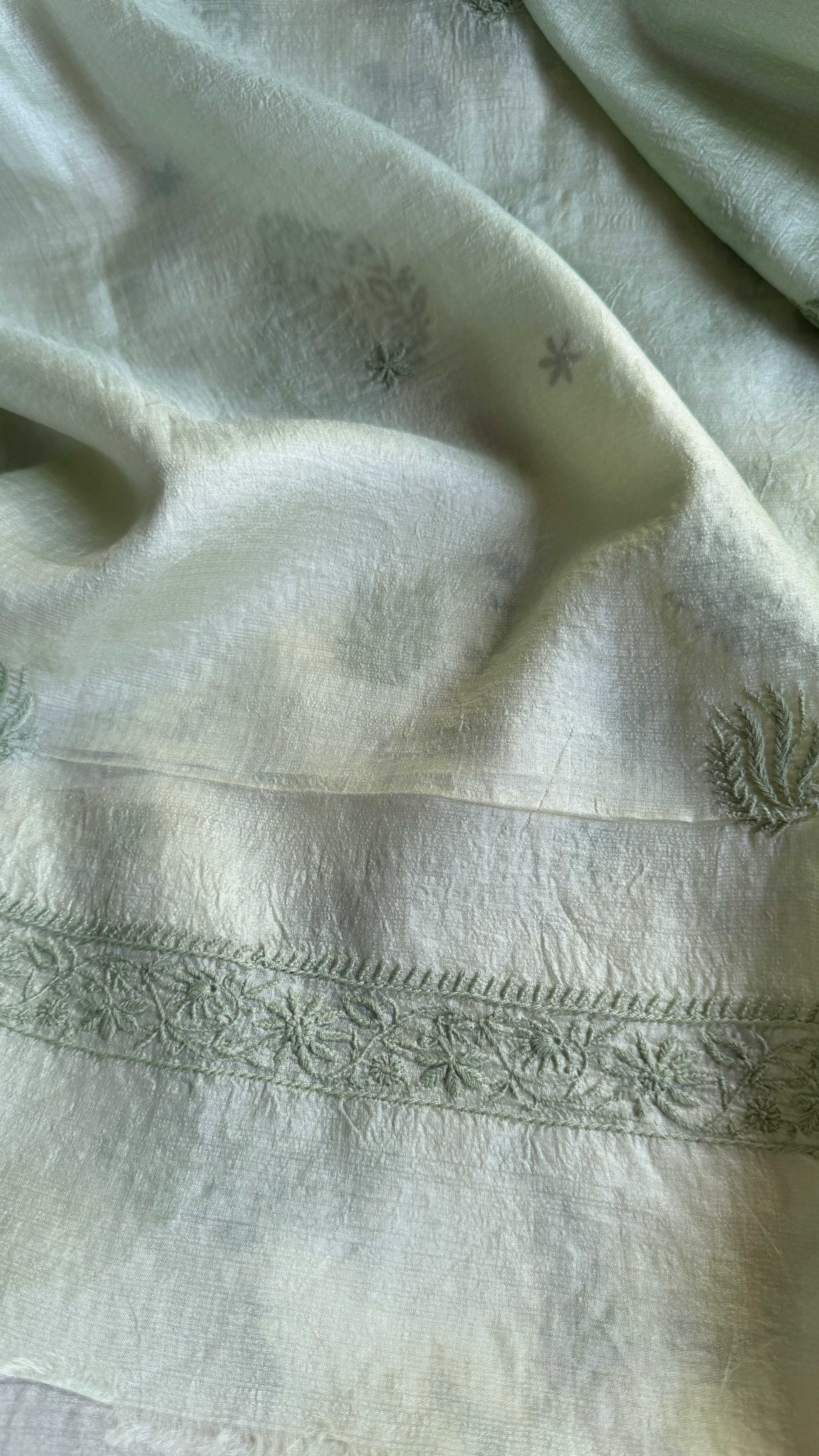 Pure Tussar Silk Chikankari Length with Dupatta - Sage Green