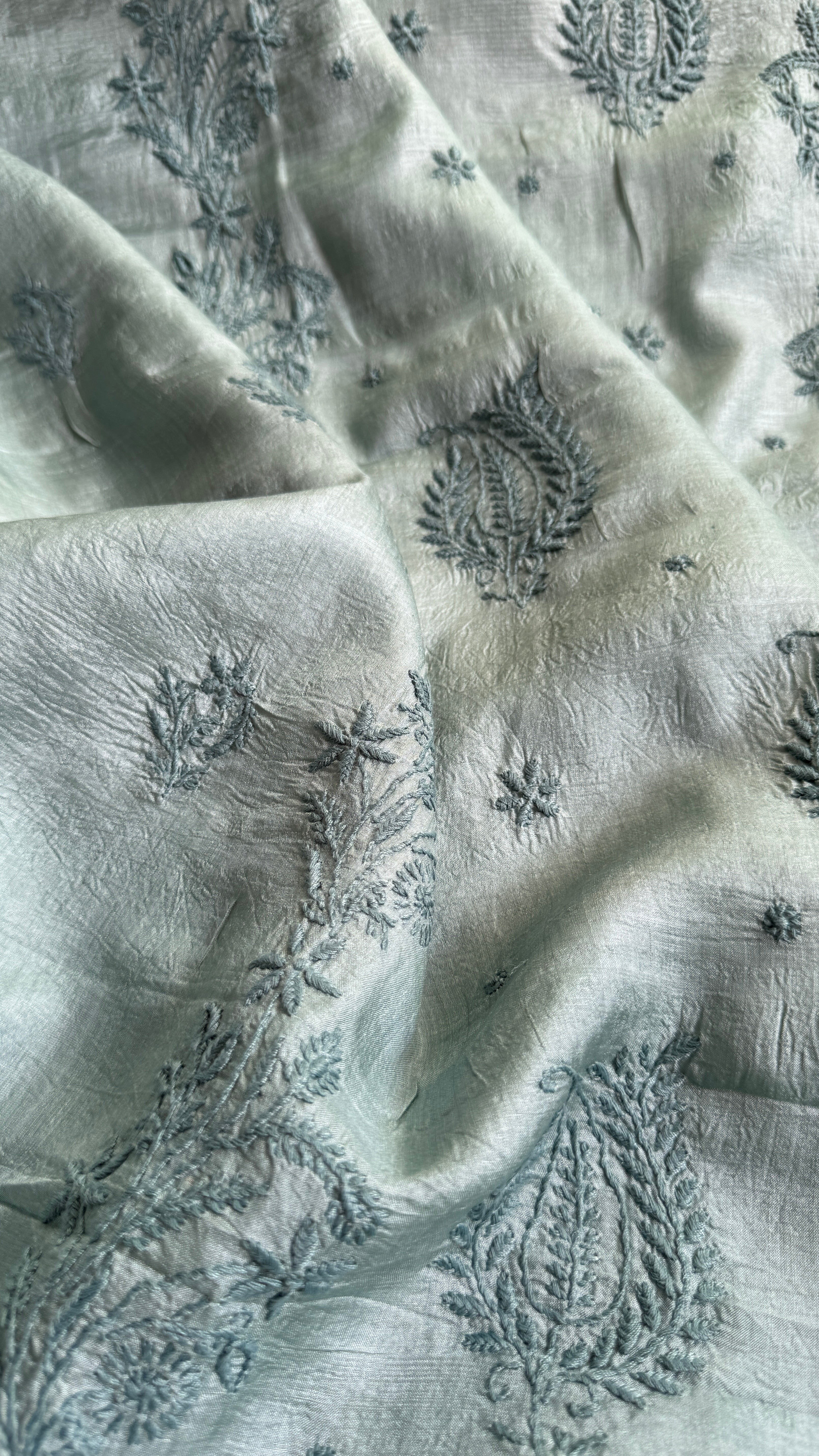 Pure Tussar Silk Chikankari Length with Dupatta - Teal Green