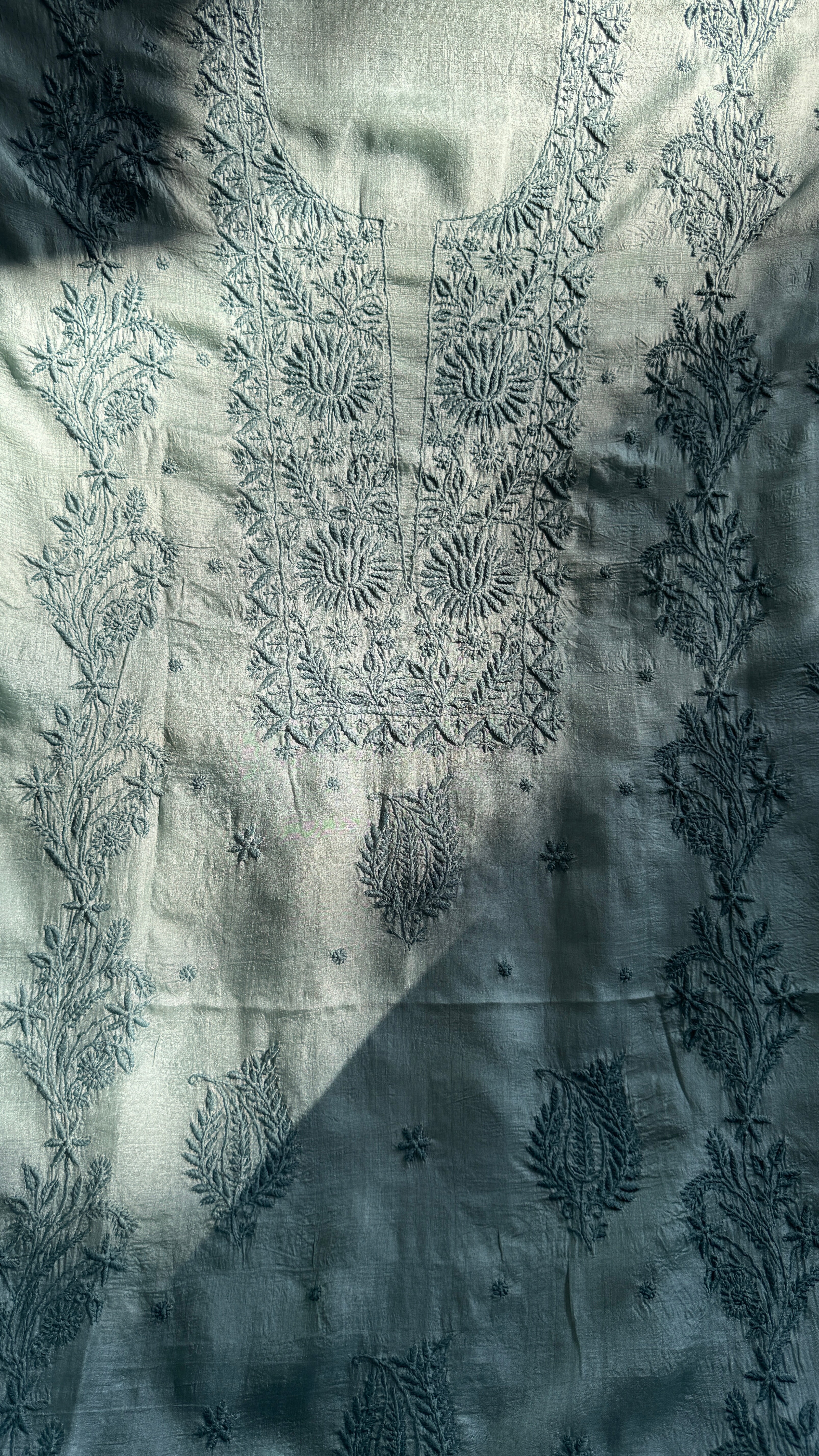 Pure Tussar Silk Chikankari Length with Dupatta - Teal Green