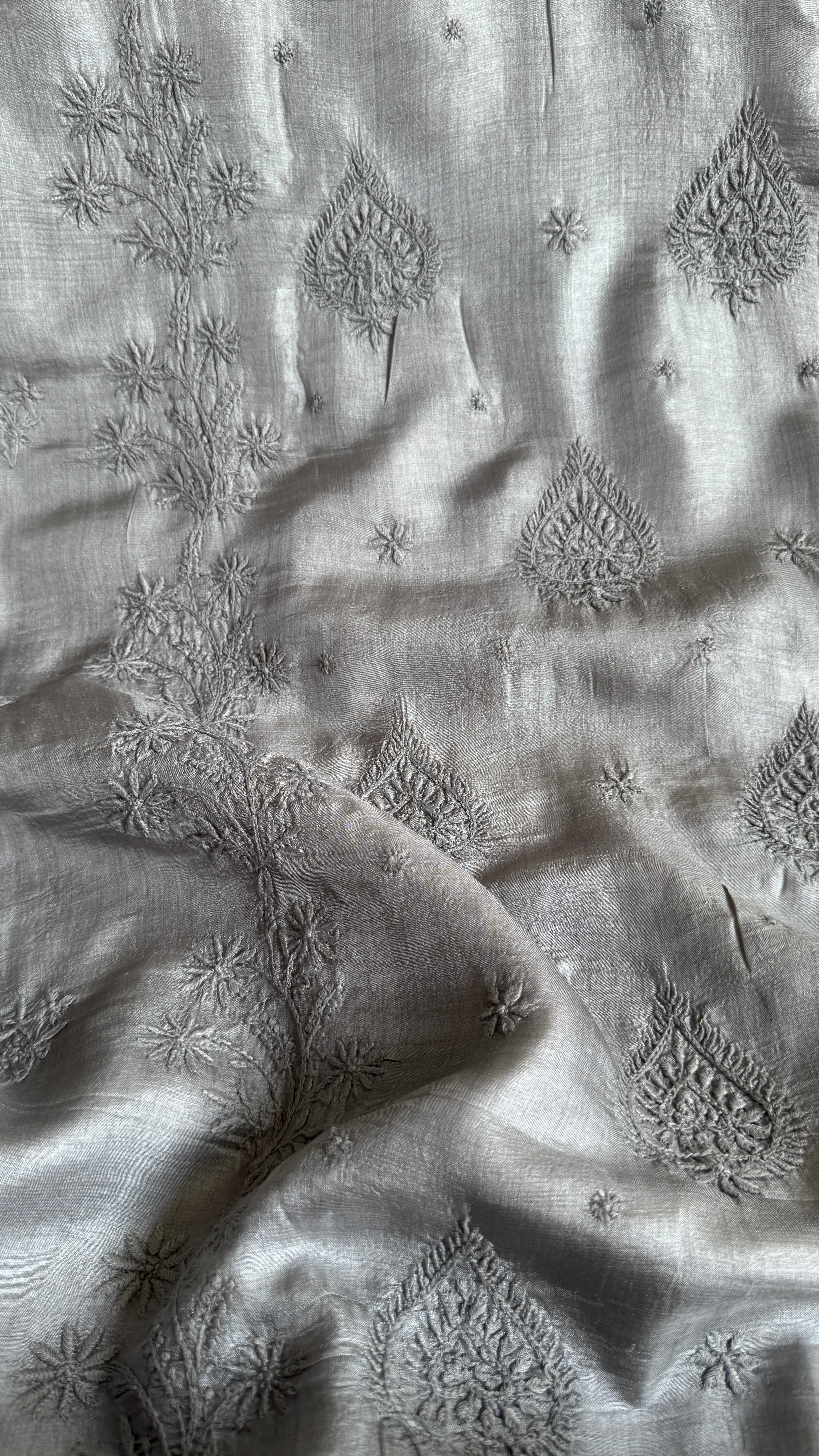 Pure Tussar Silk Chikankari Length with Dupatta - Grey