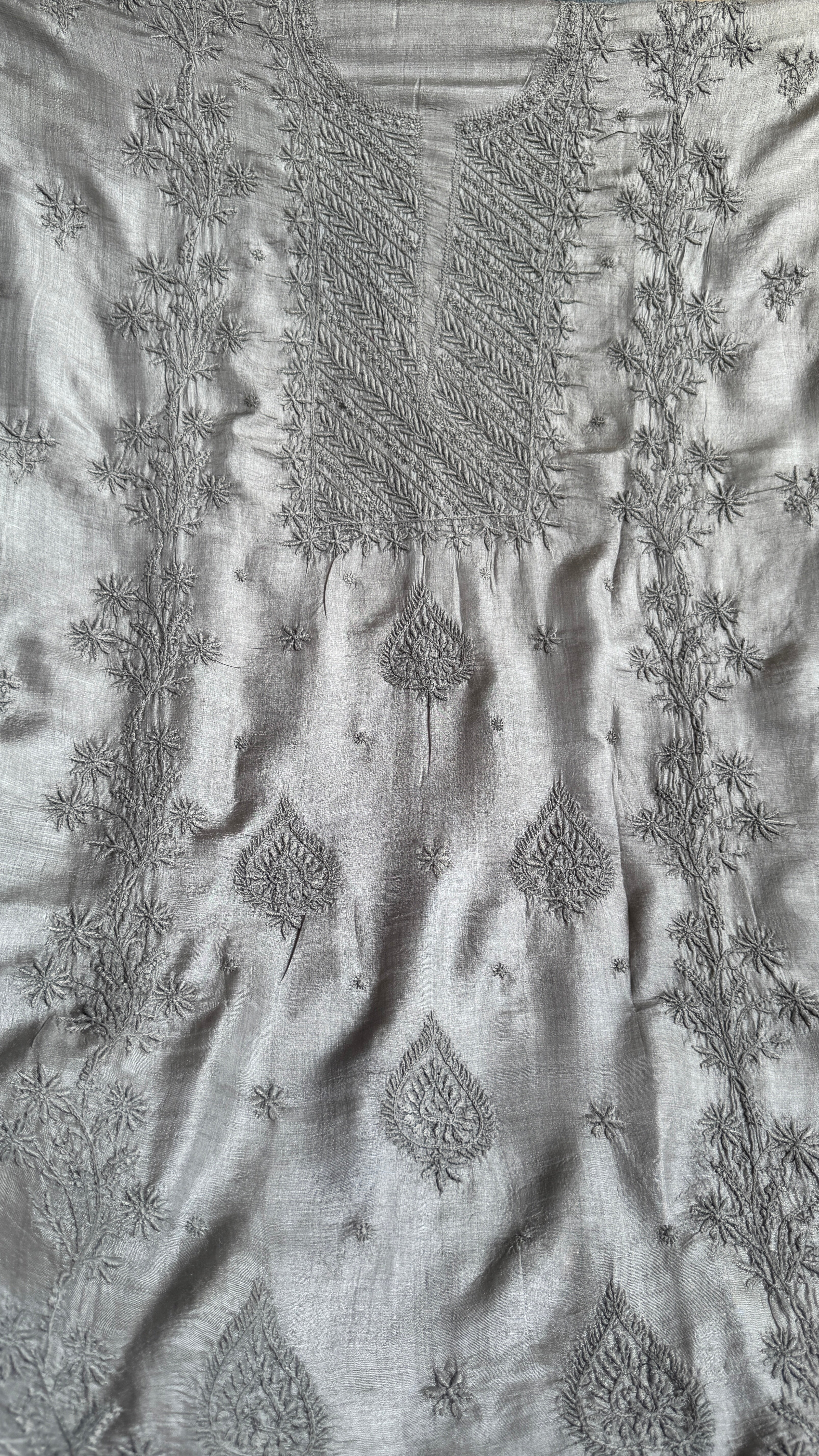 Pure Tussar Silk Chikankari Length with Dupatta - Grey