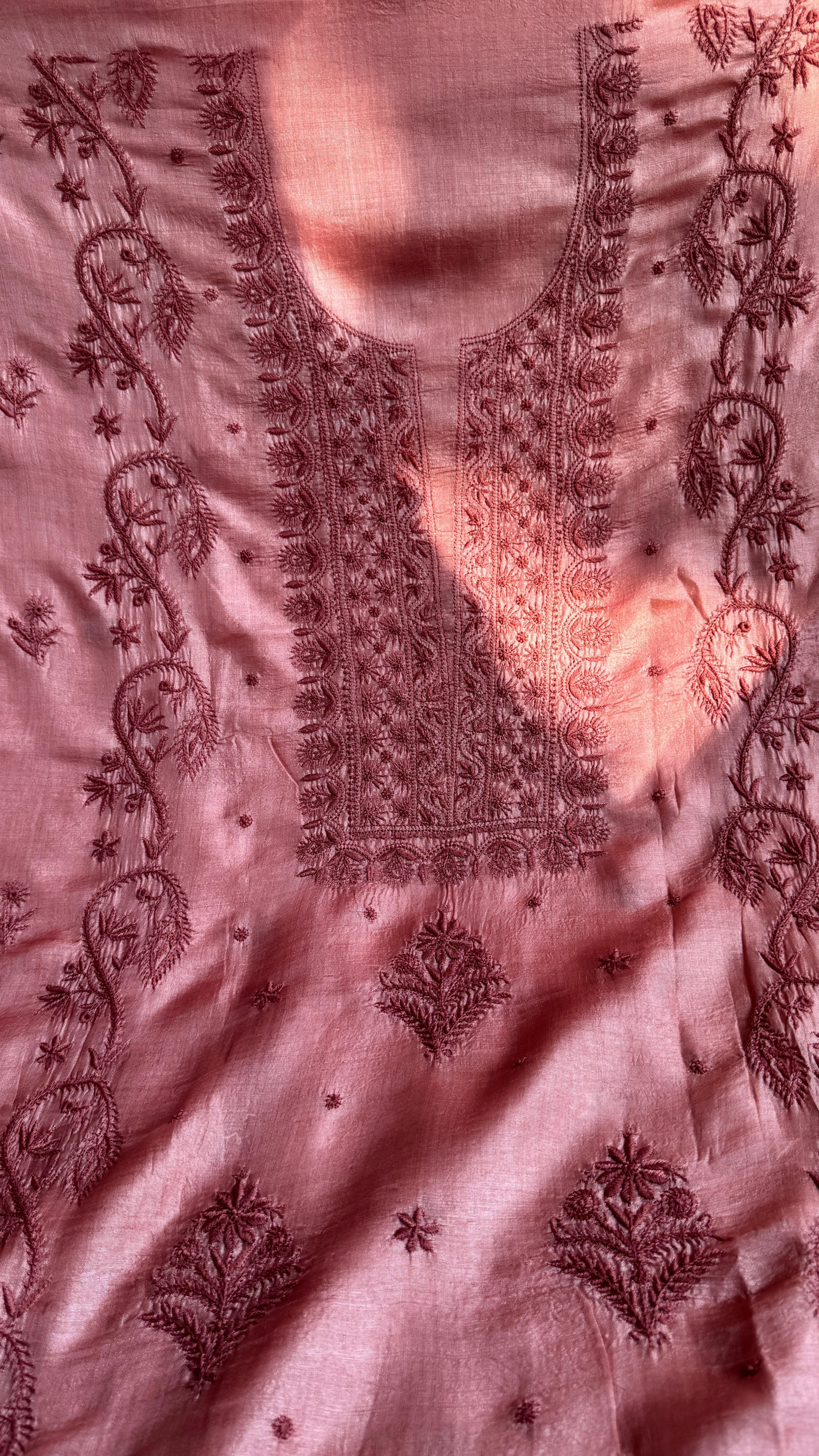 Pure Tussar Silk Chikankari Length with Dupatta - Rosewood