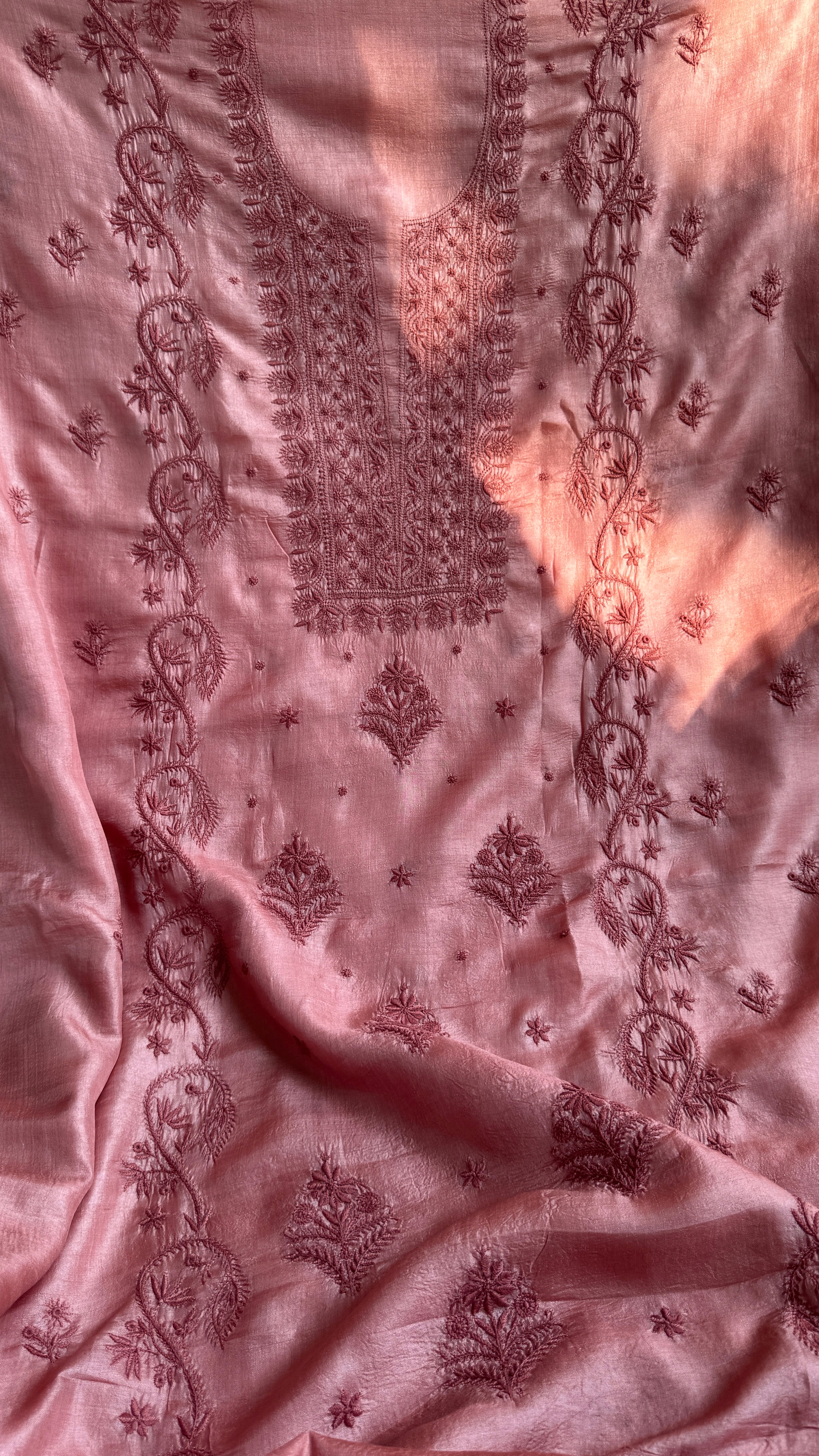 Pure Tussar Silk Chikankari Length with Dupatta - Rosewood