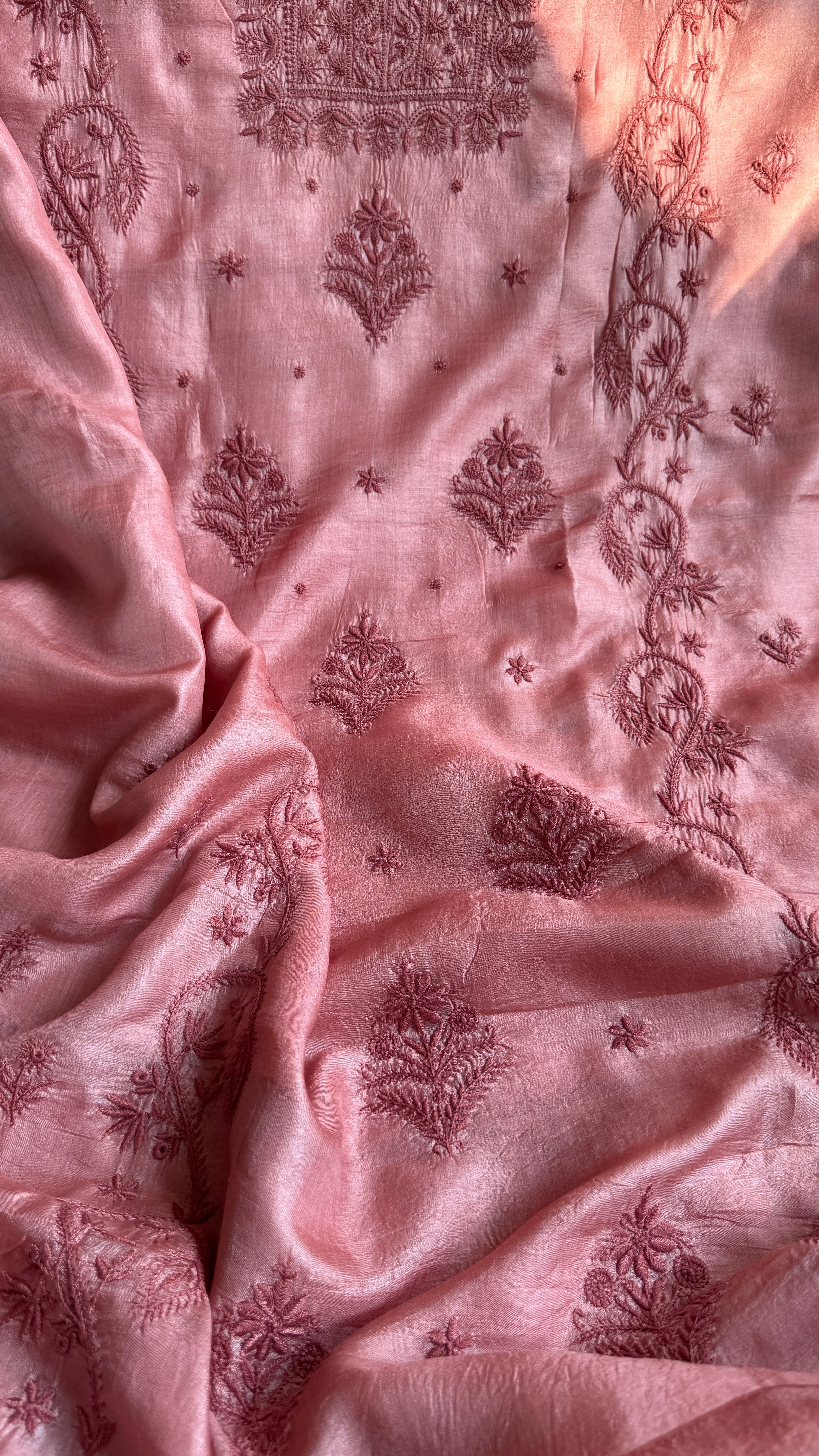 Pure Tussar Silk Chikankari Length with Dupatta - Rosewood