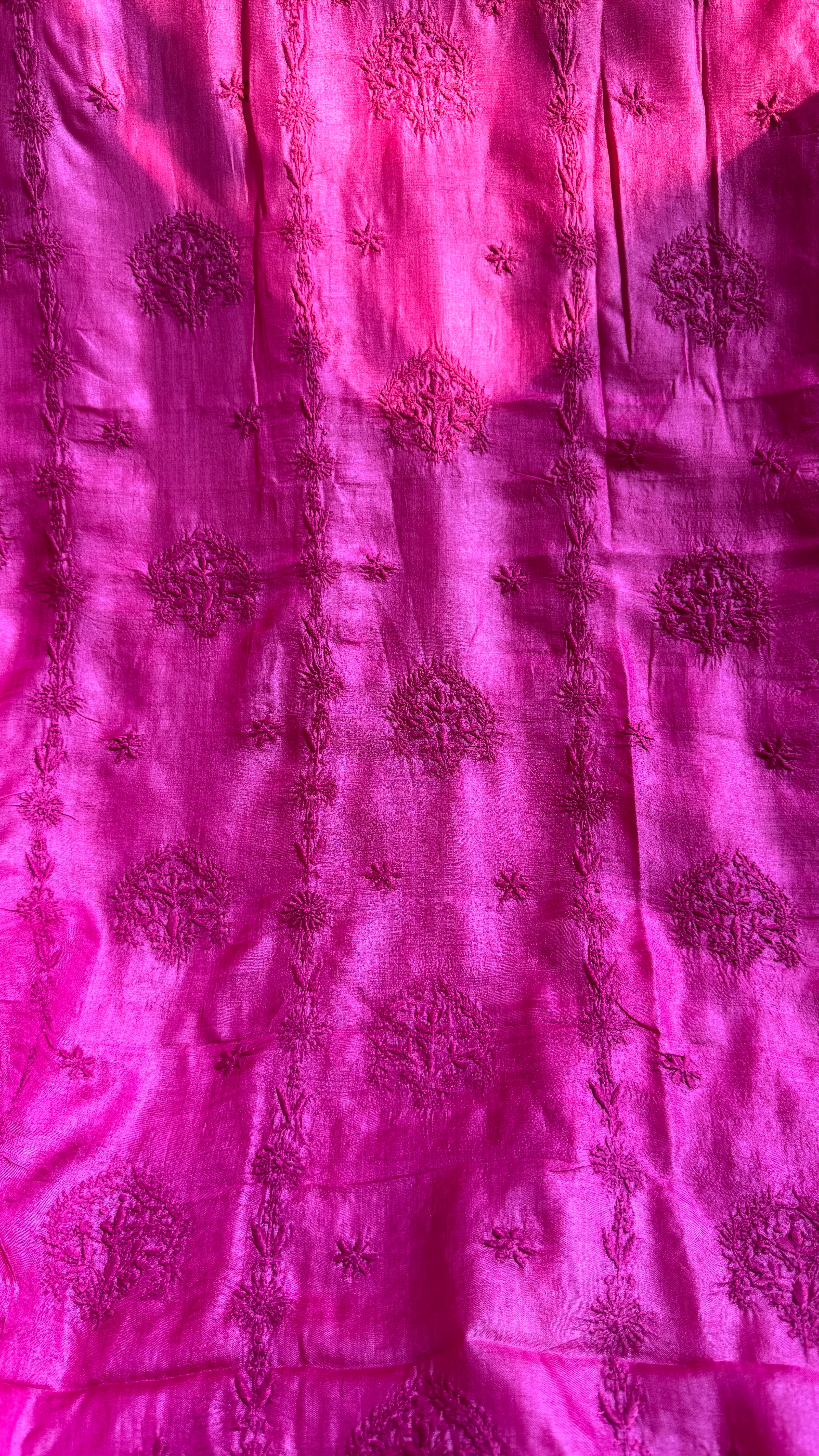 Pure Tussar Silk Chikankari Length with Dupatta - Hot Pink