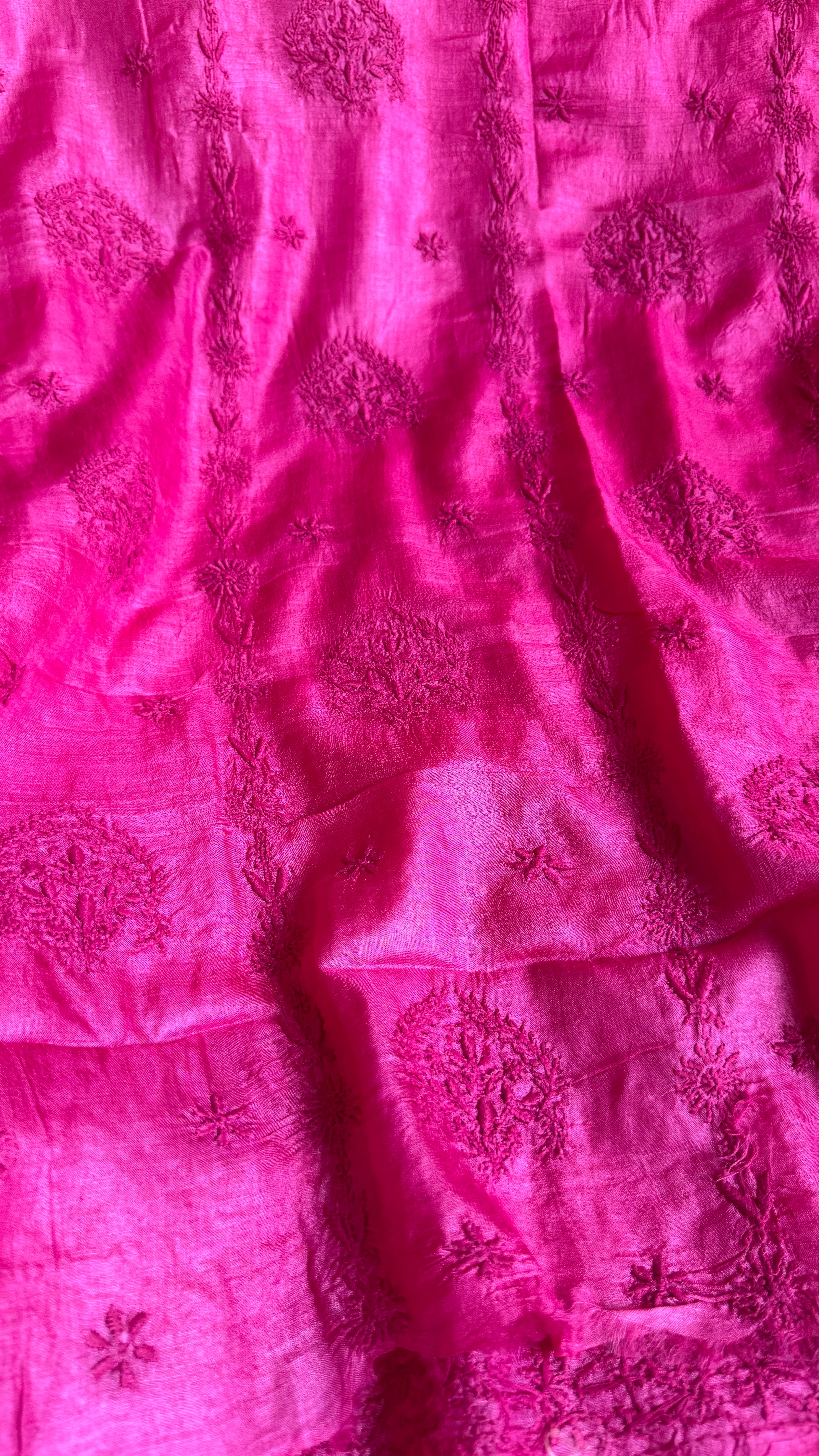Pure Tussar Silk Chikankari Length with Dupatta - Hot Pink