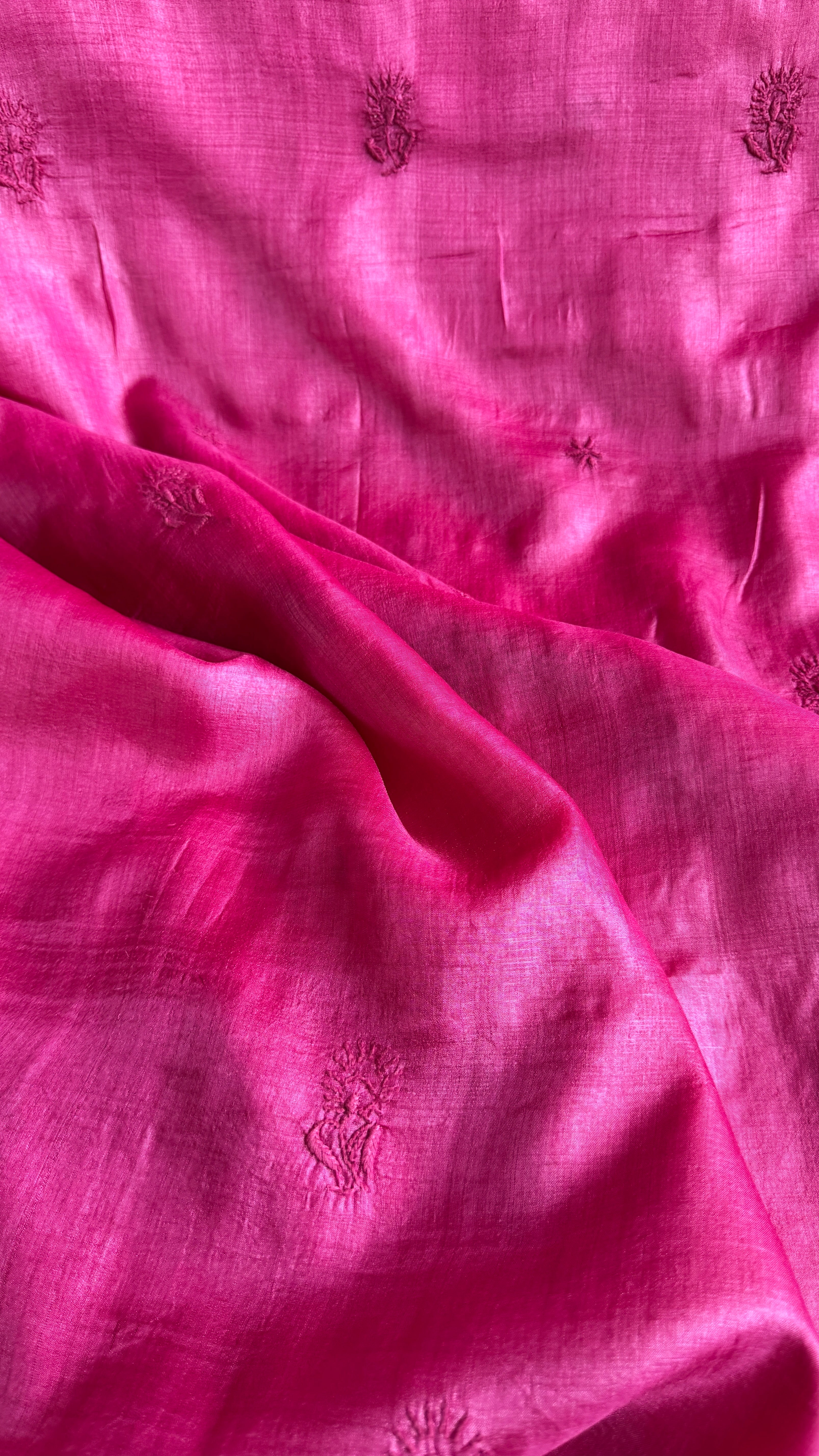 Pure Tussar Silk Chikankari Length with Dupatta - Hot Pink