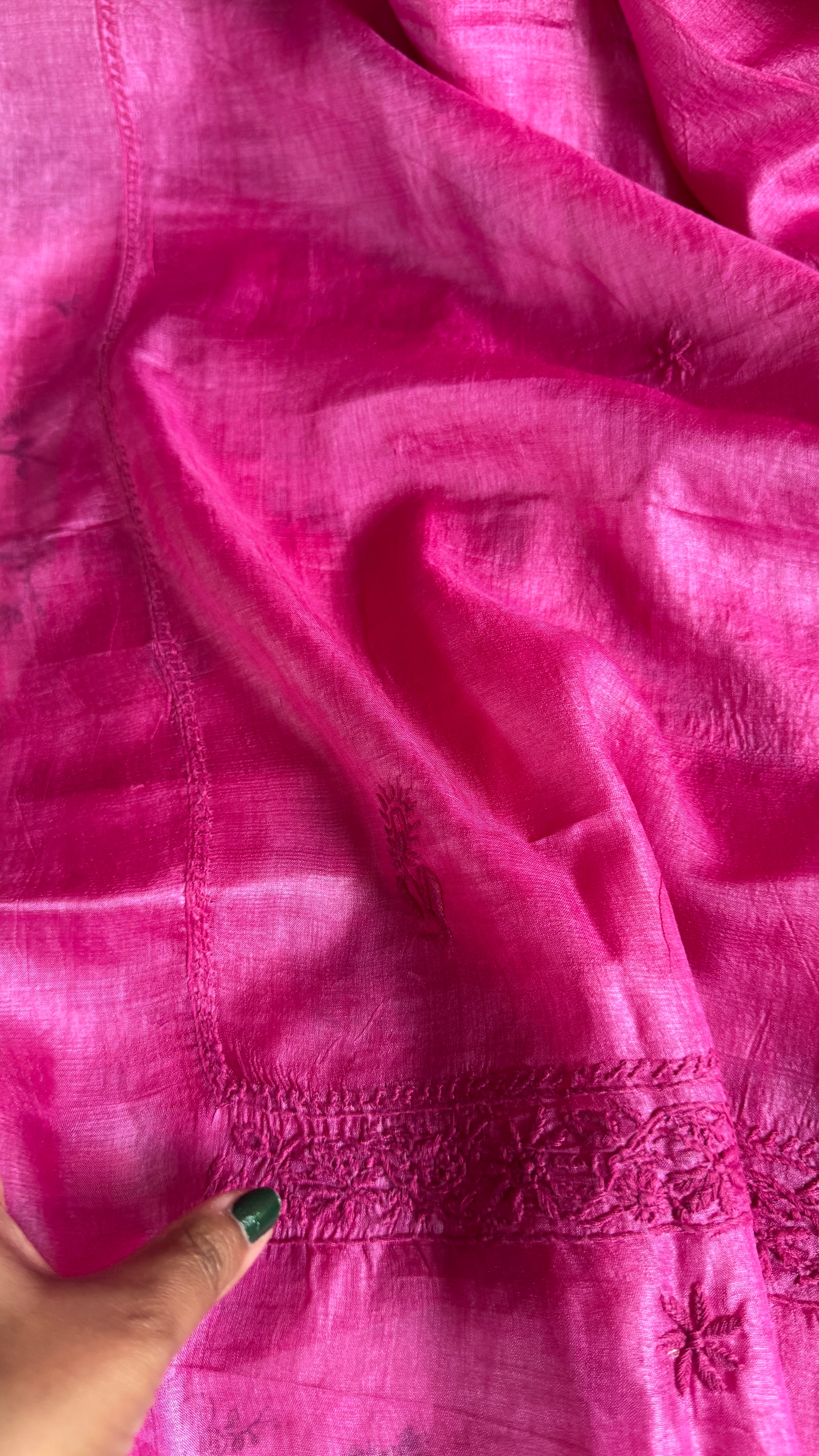 Pure Tussar Silk Chikankari Length with Dupatta - Hot Pink