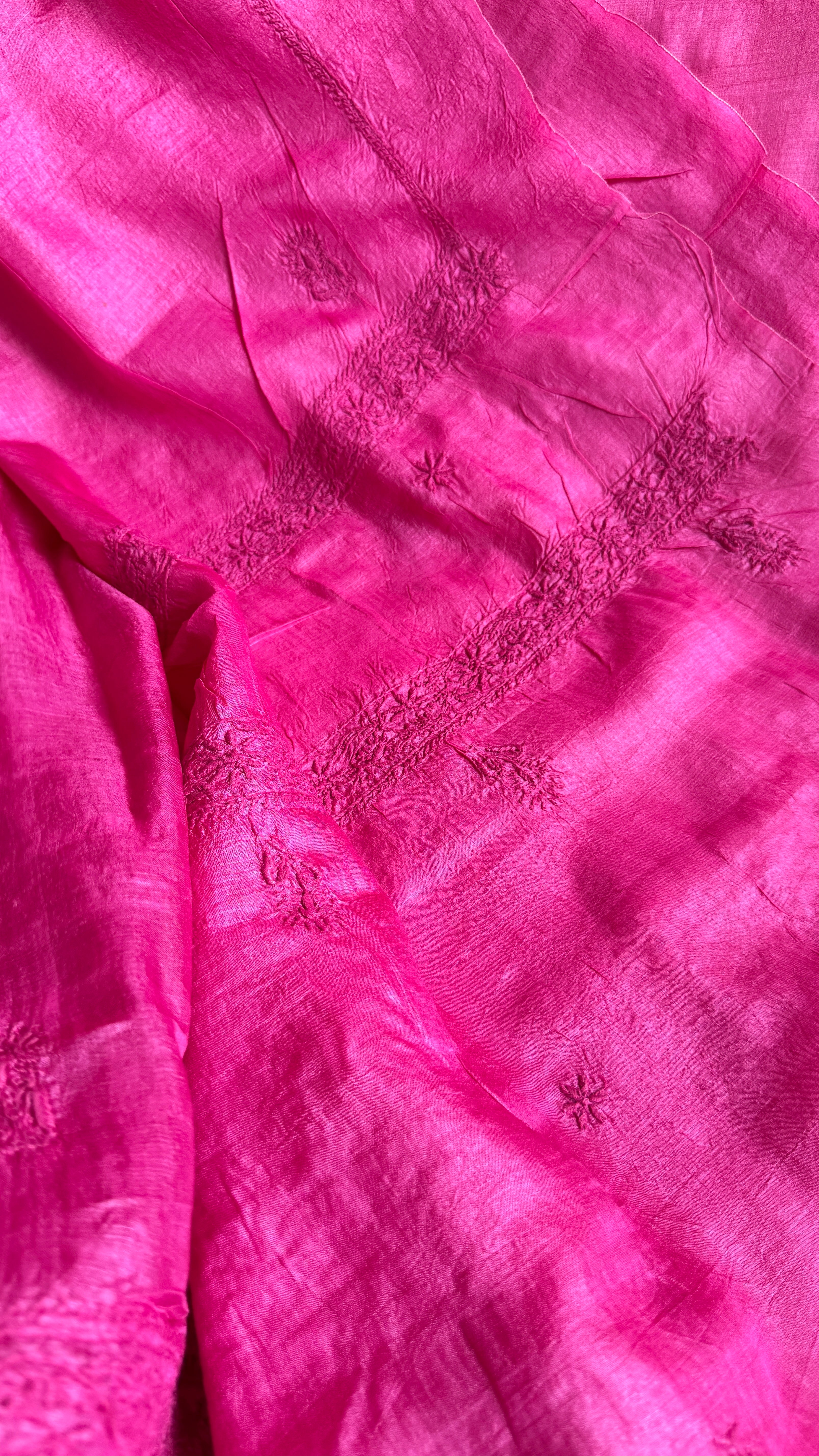 Pure Tussar Silk Chikankari Length with Dupatta - Hot Pink