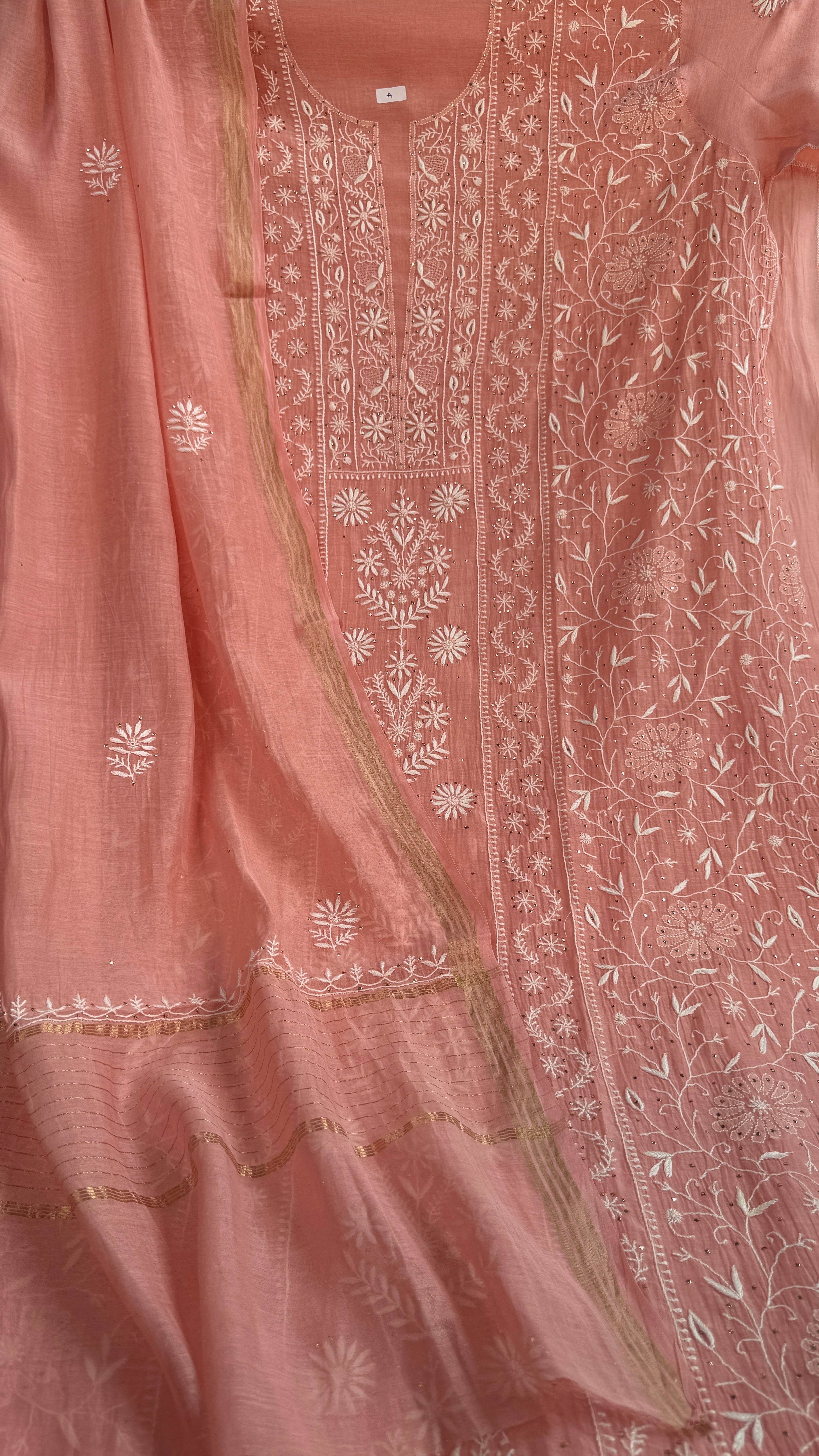 Mul Chanderi Chikankari Unstitched Length with Dupatta with Mukaish Add-On - Carrot Pink