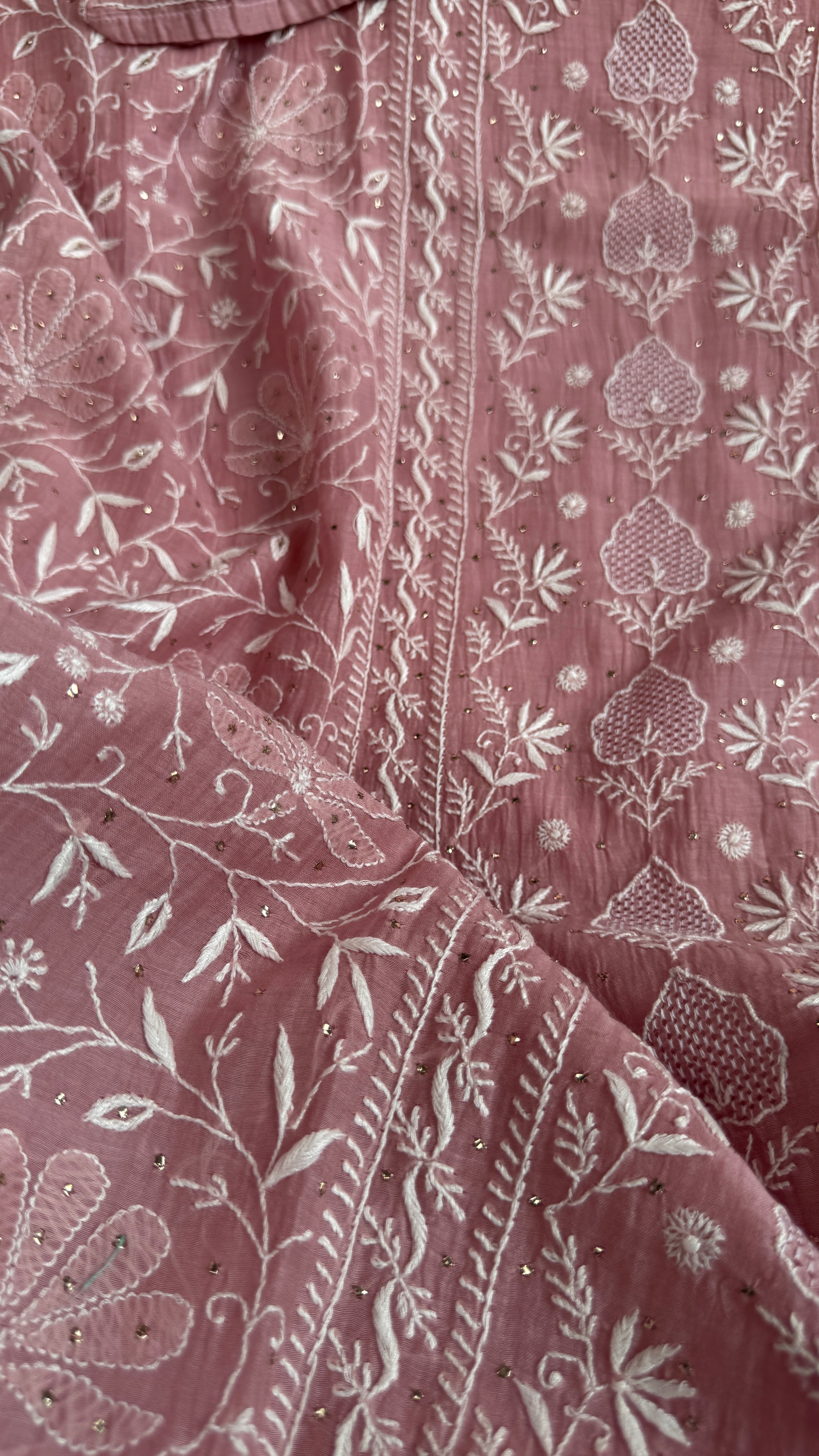 Mul Chanderi Chikankari Unstitched Length with Dupatta with Mukaish Add-On - Mauve
