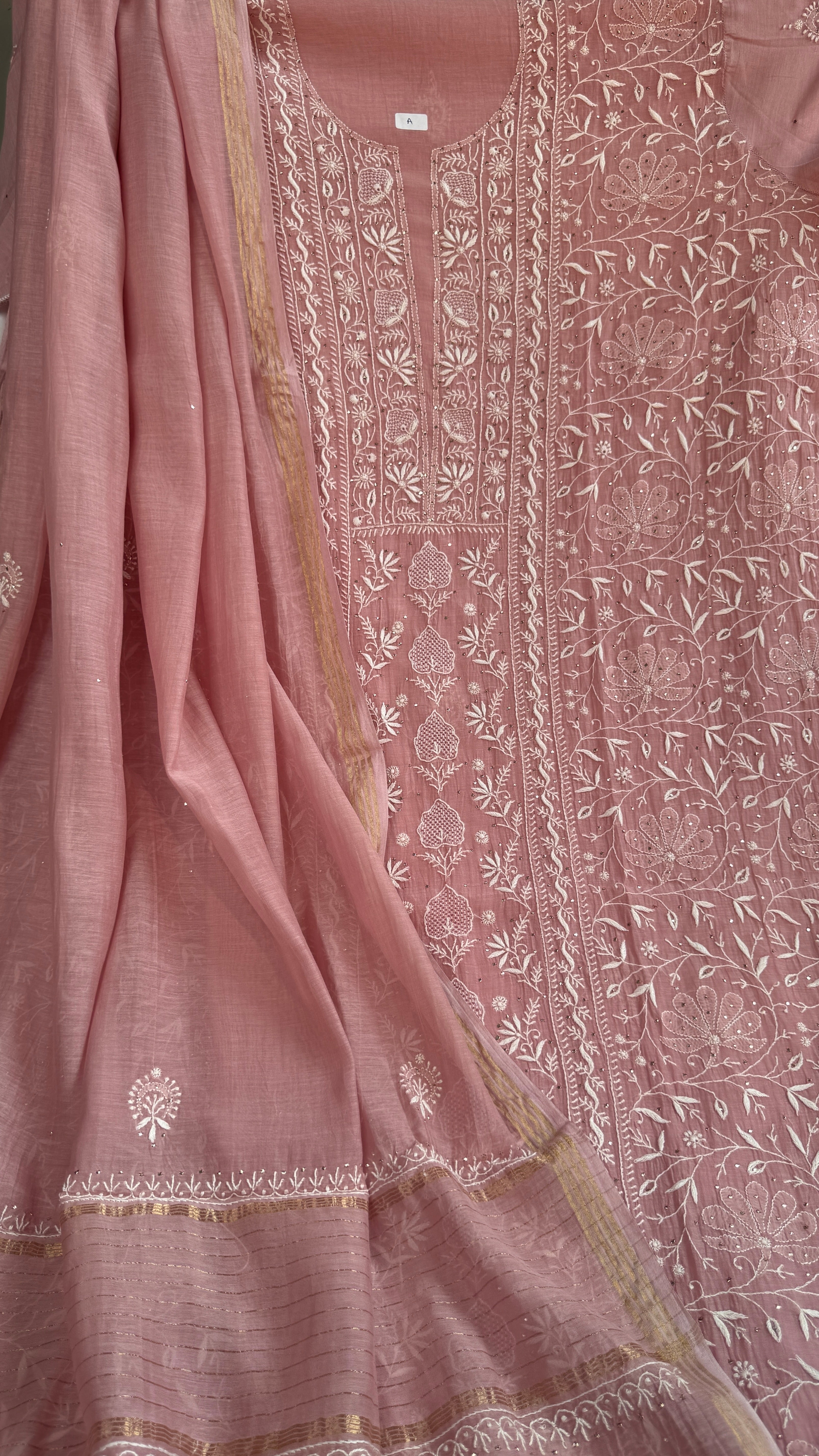 Mul Chanderi Chikankari Unstitched Length with Dupatta with Mukaish Add-On - Mauve