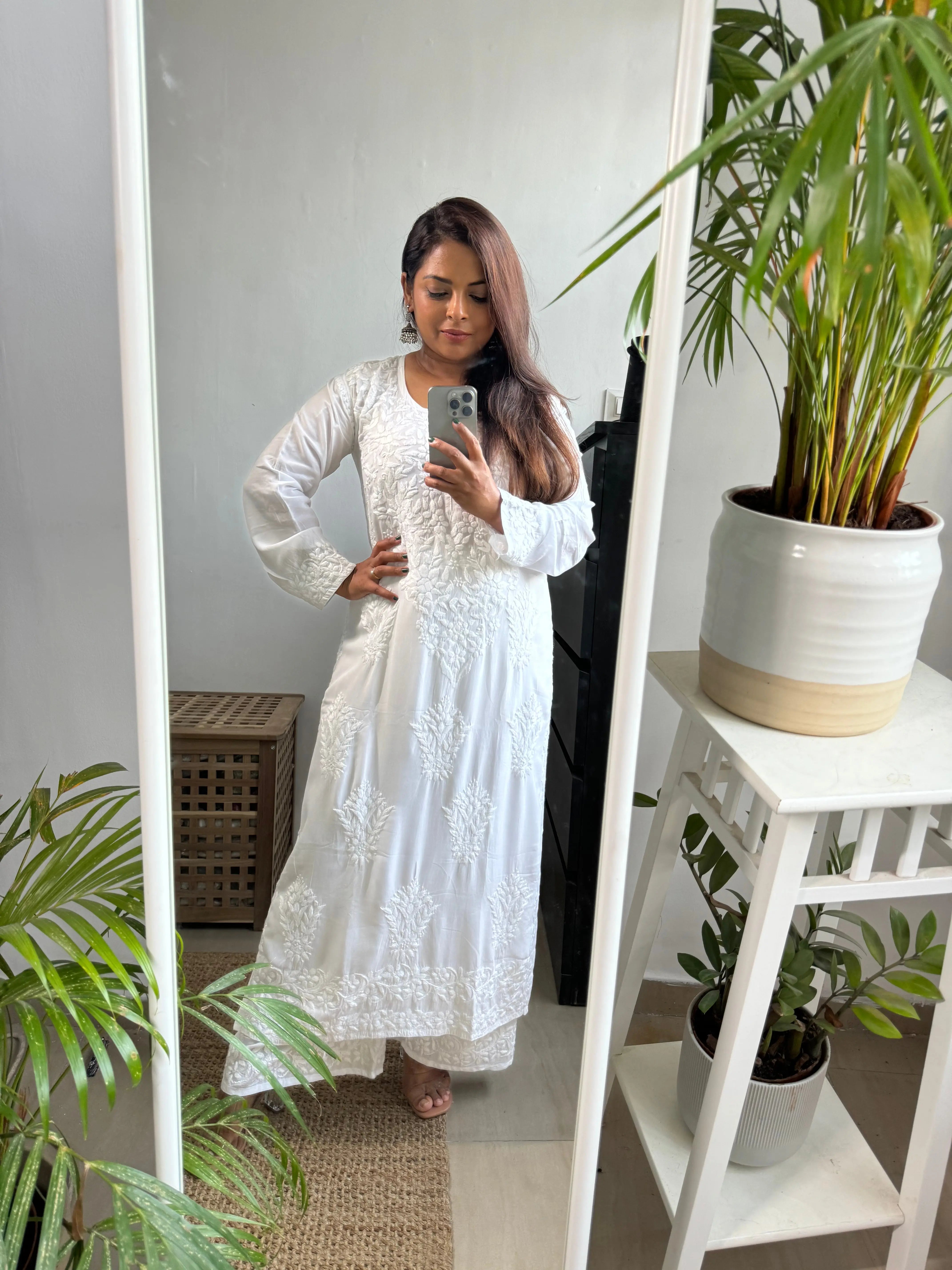 Modal Cotton Kurti Plazzo Set - White ARIAA CHIKANKARI