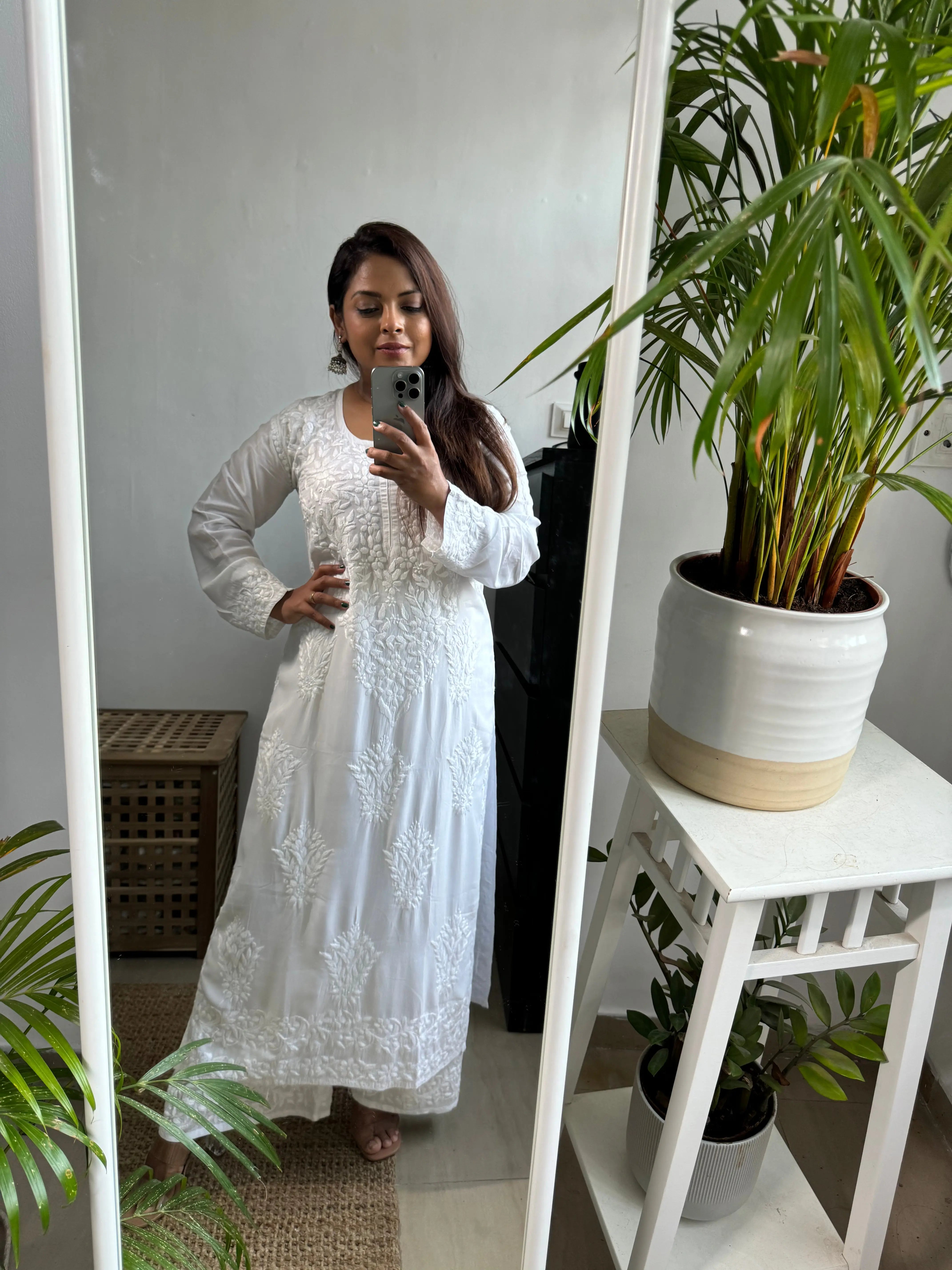 Modal Cotton Kurti Plazzo Set - White ARIAA CHIKANKARI