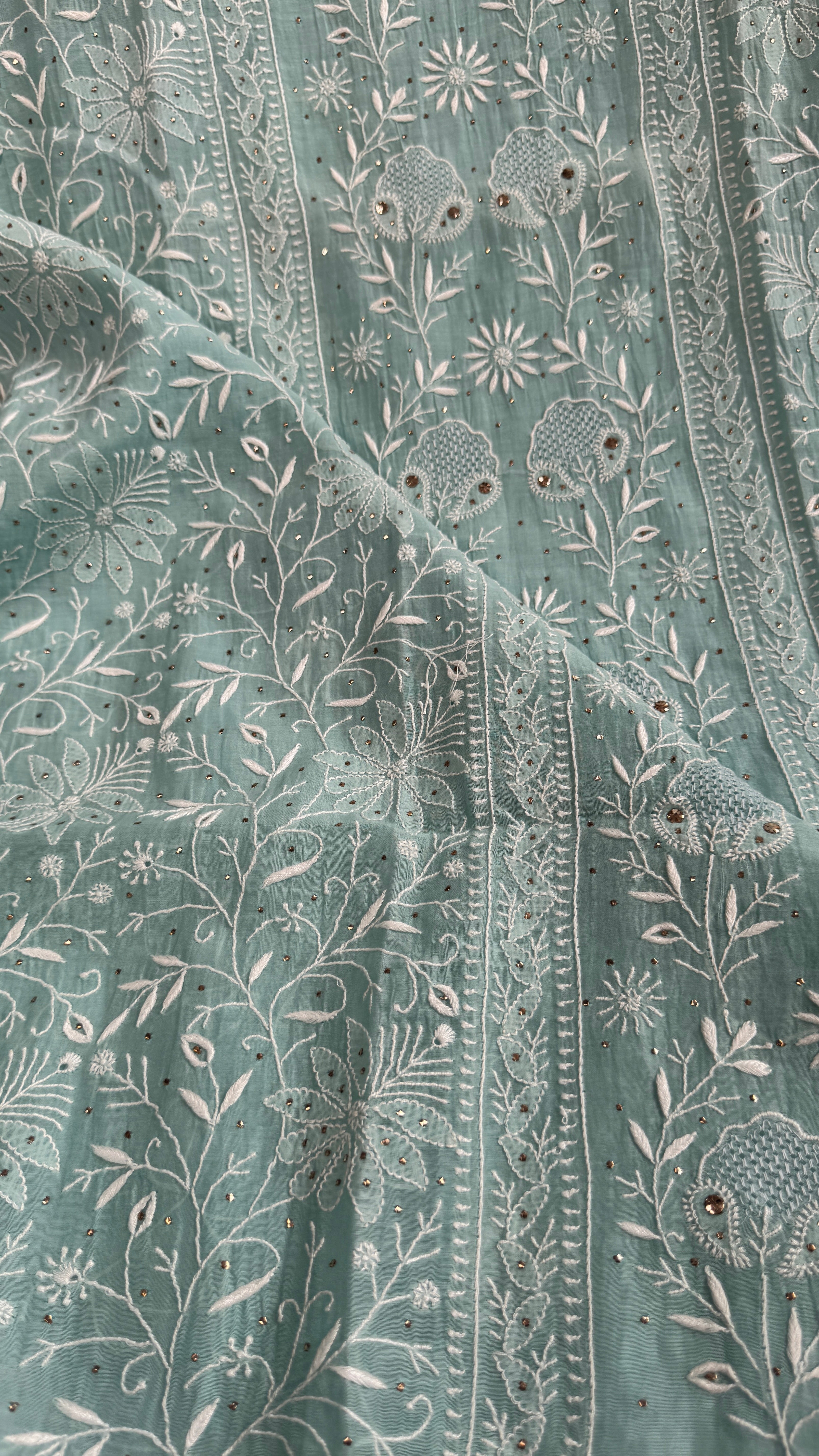 Mul Chanderi Chikankari Unstitched Length with Dupatta with Mukaish Add-On - Tiffany