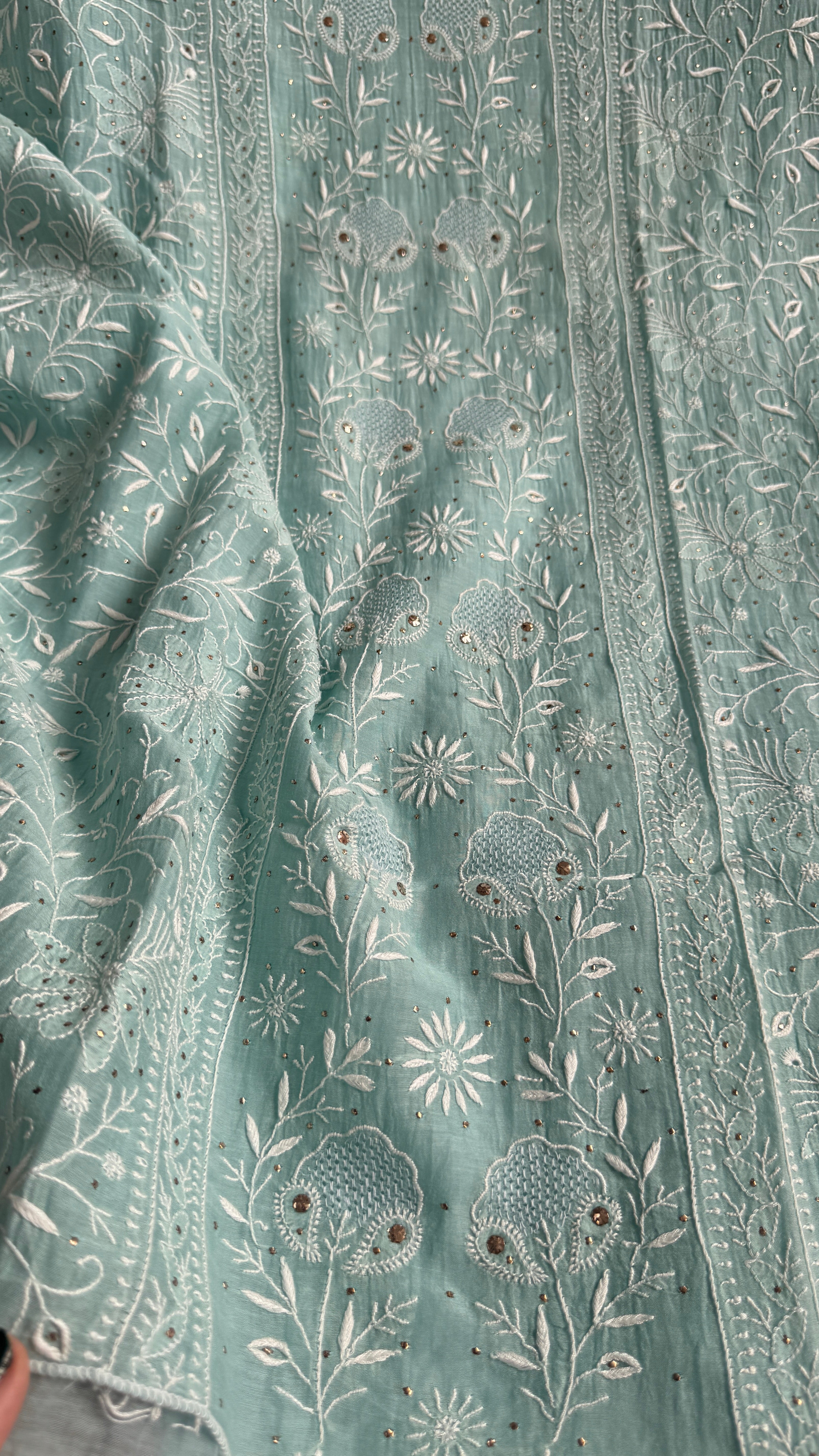 Mul Chanderi Chikankari Unstitched Length with Dupatta with Mukaish Add-On - Tiffany