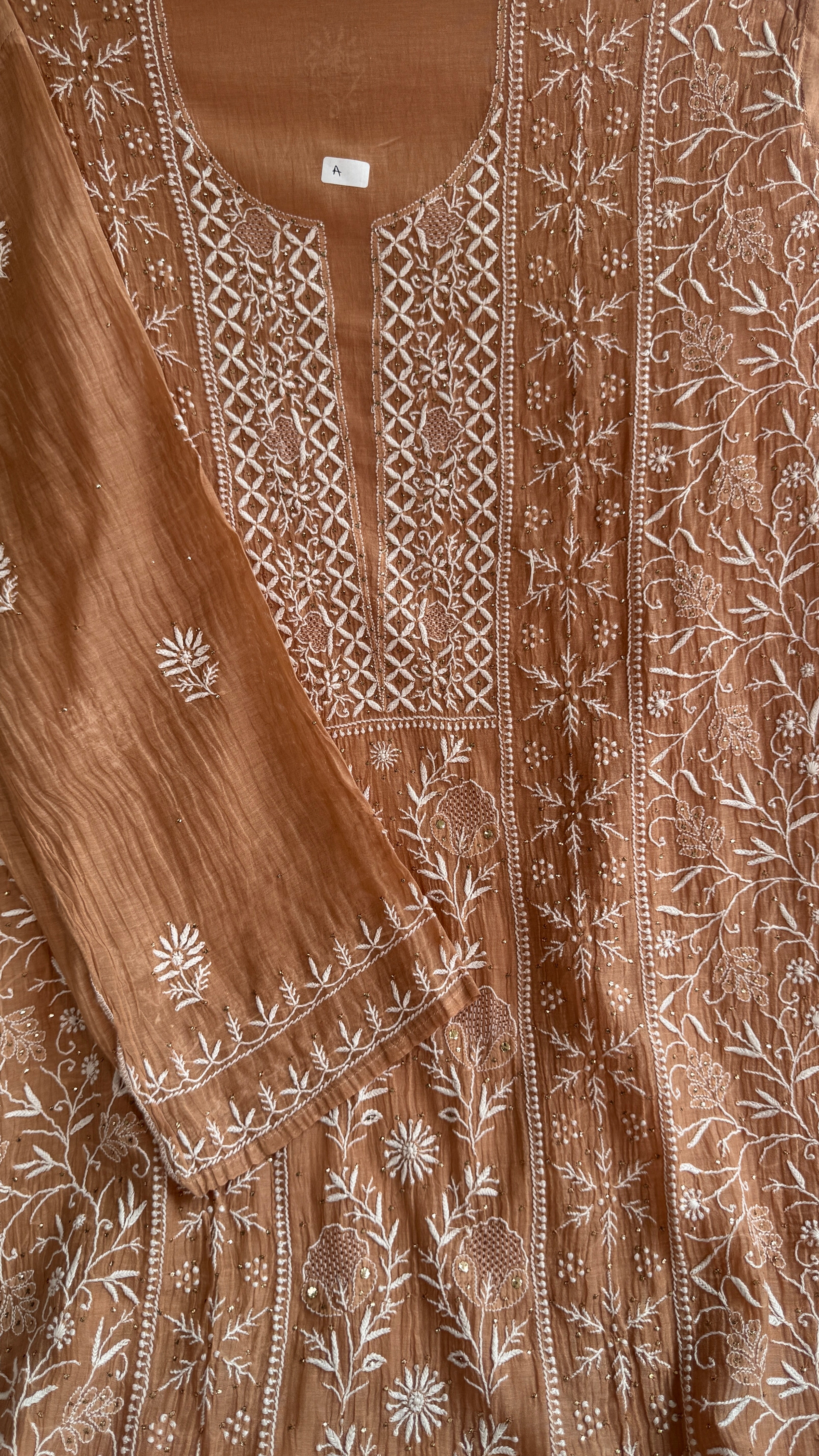 Mul Chanderi Chikankari Unstitched Length with Dupatta with Mukaish Add-On - Soft Brown
