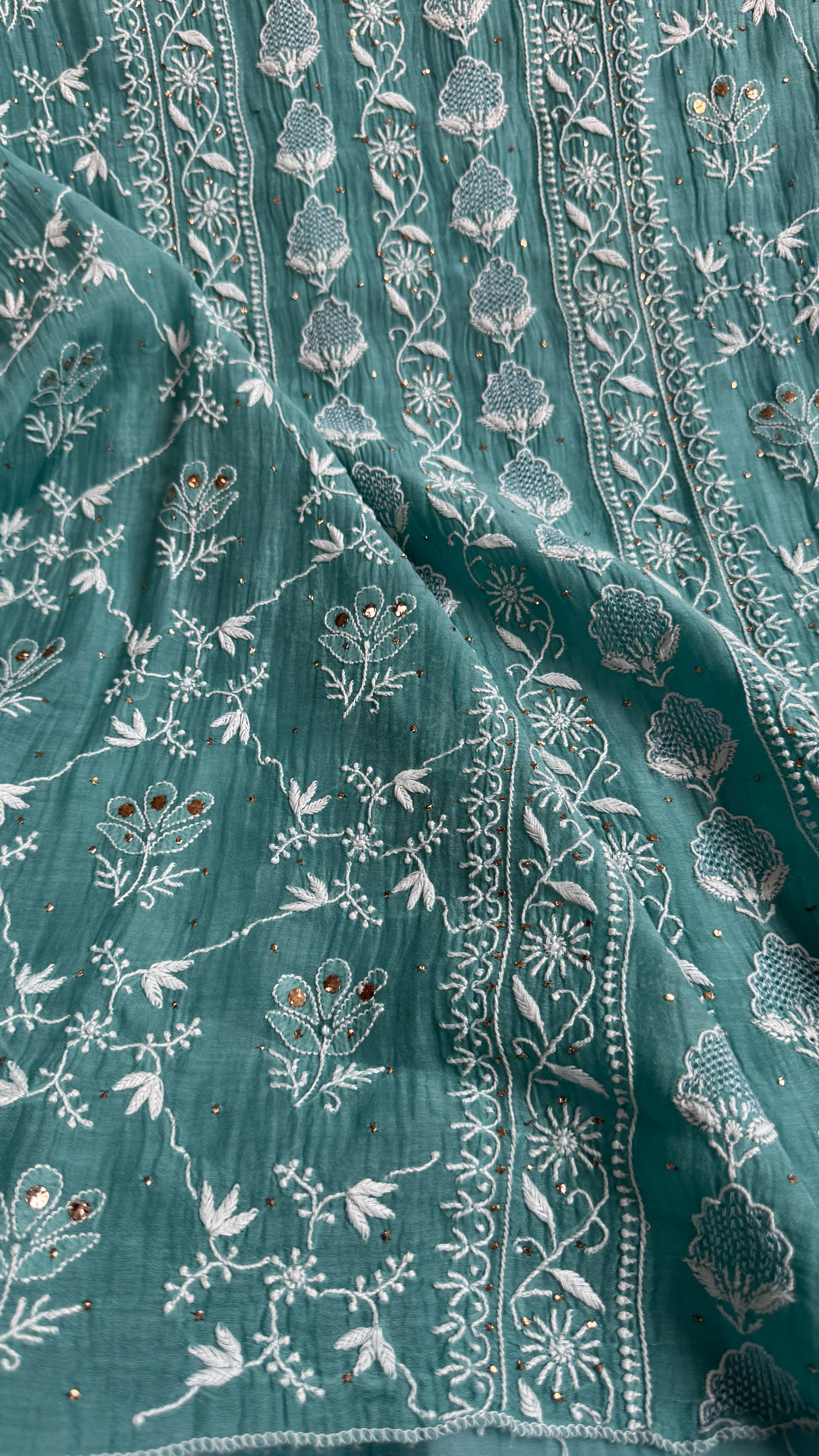 Mul Chanderi Chikankari Unstitched Length with Dupatta with Mukaish Add-On - Tiffany