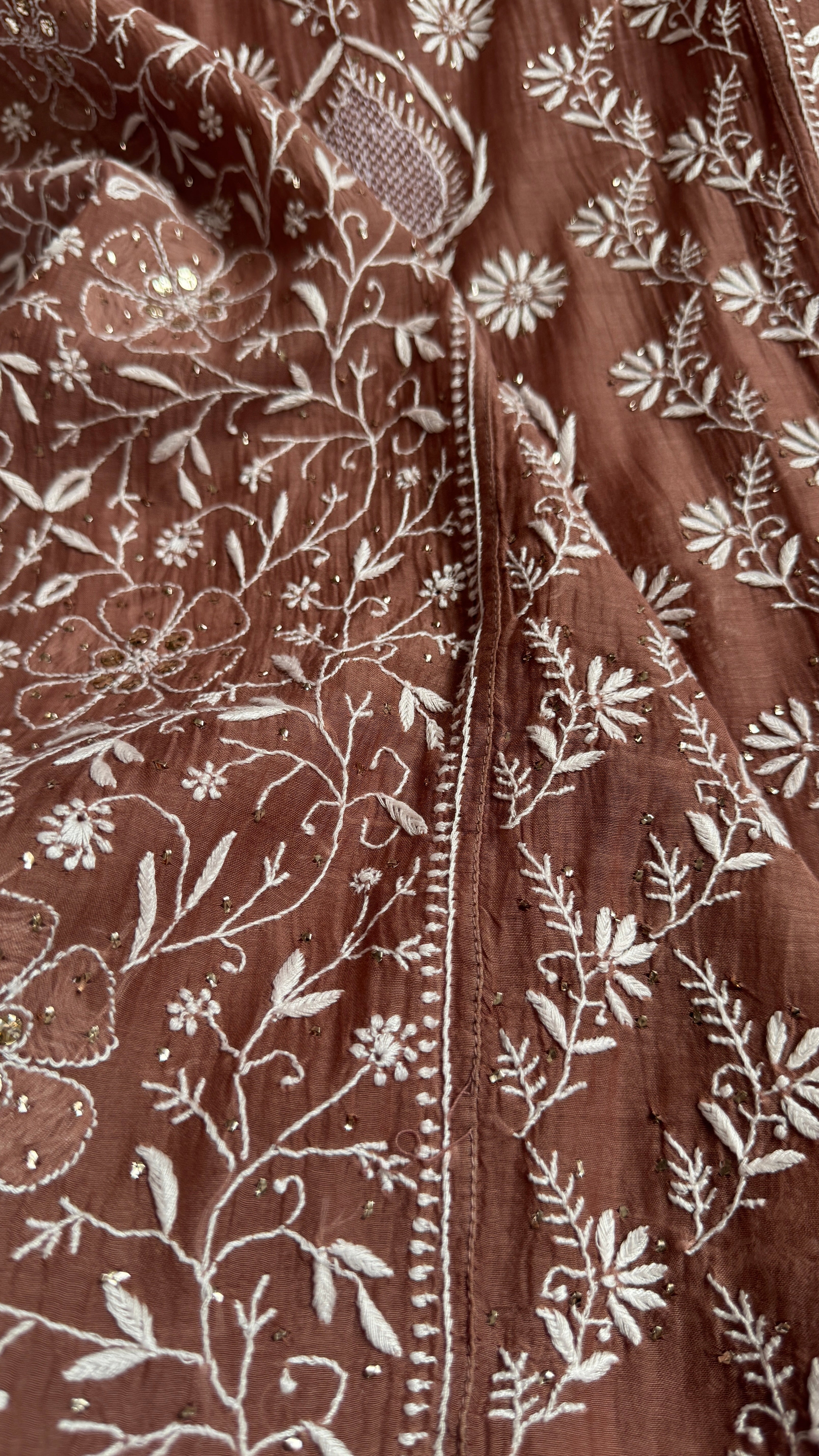 Mul Chanderi Chikankari Unstitched Length with Dupatta with Mukaish Add-On - Brown