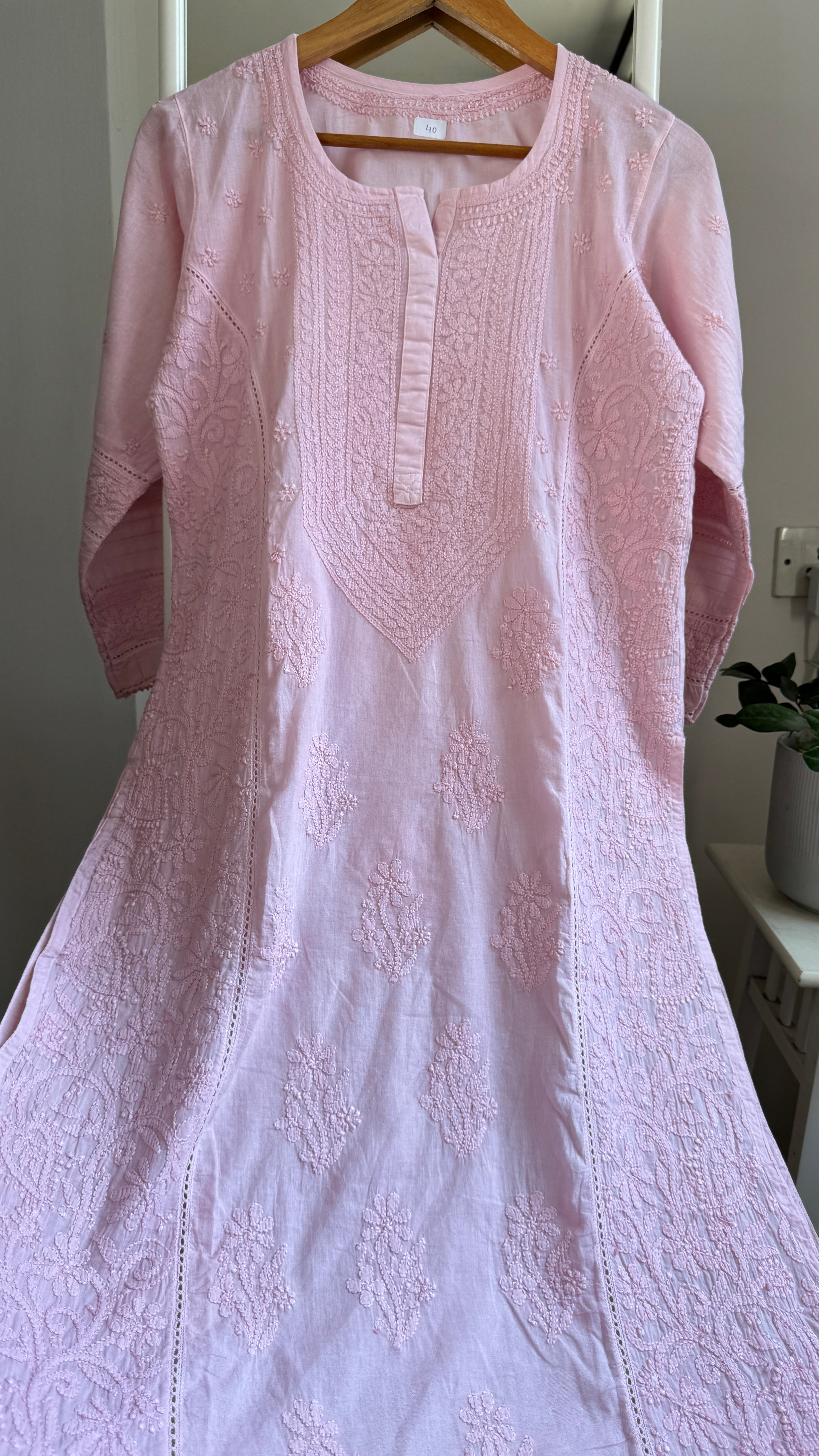 Mul Cotton Chikankari Kurti - Pale Pink - Fiza Collection