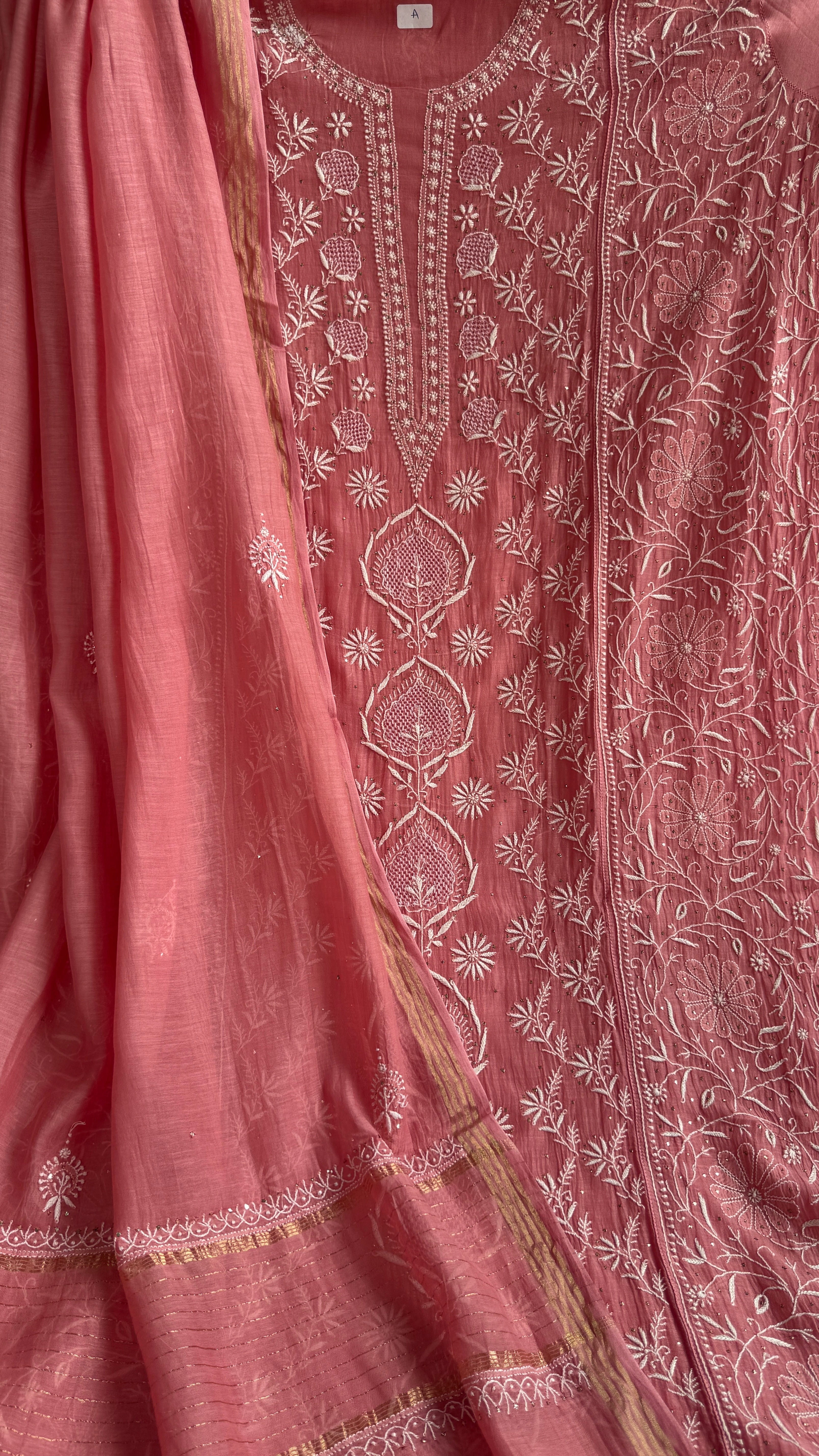 Mul Chanderi Chikankari Unstitched Length with Dupatta with Mukaish Add-On- Rosewood