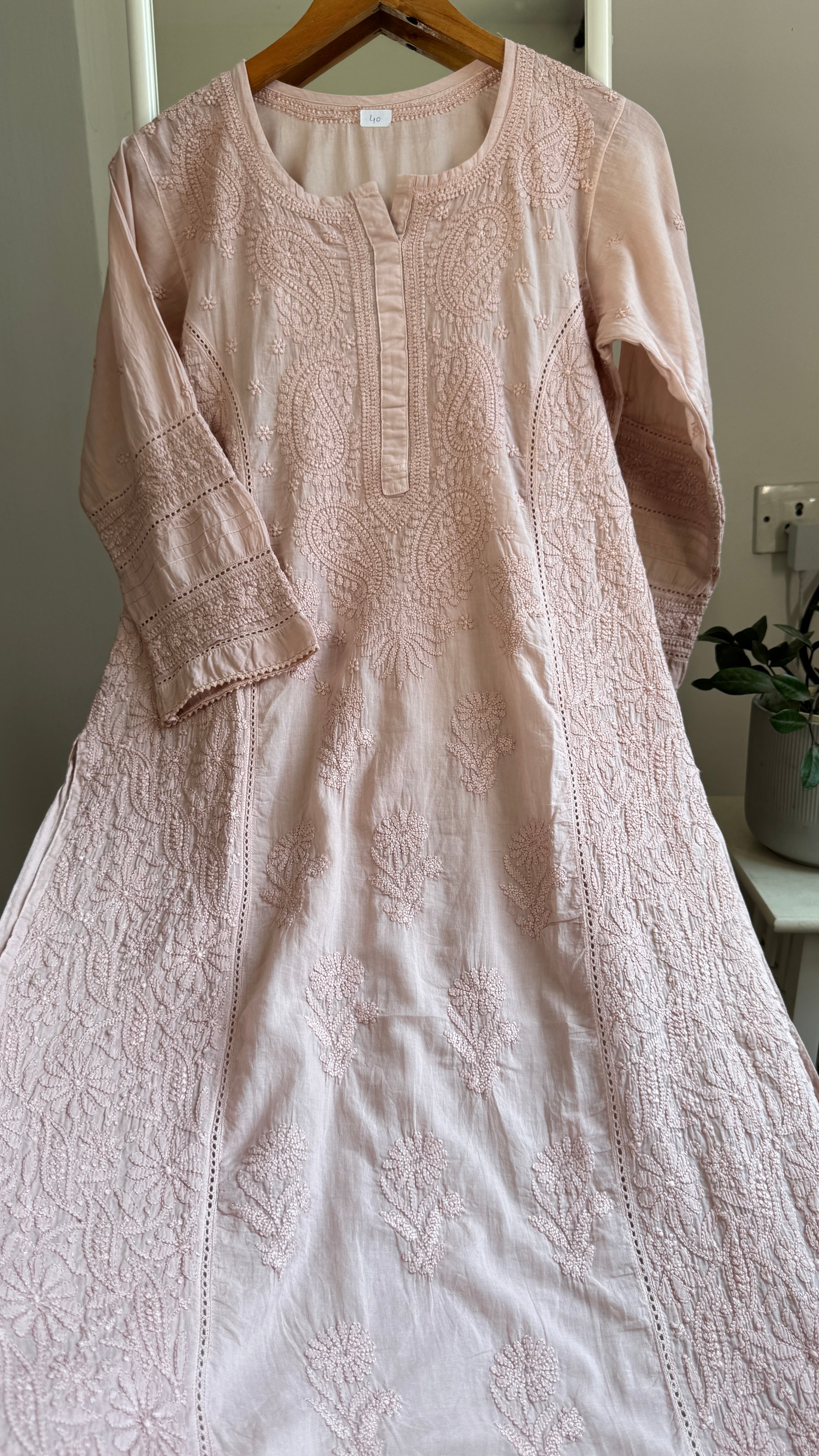 Mul Cotton Chikankari Kurti - Nude Pink - Fiza Collection