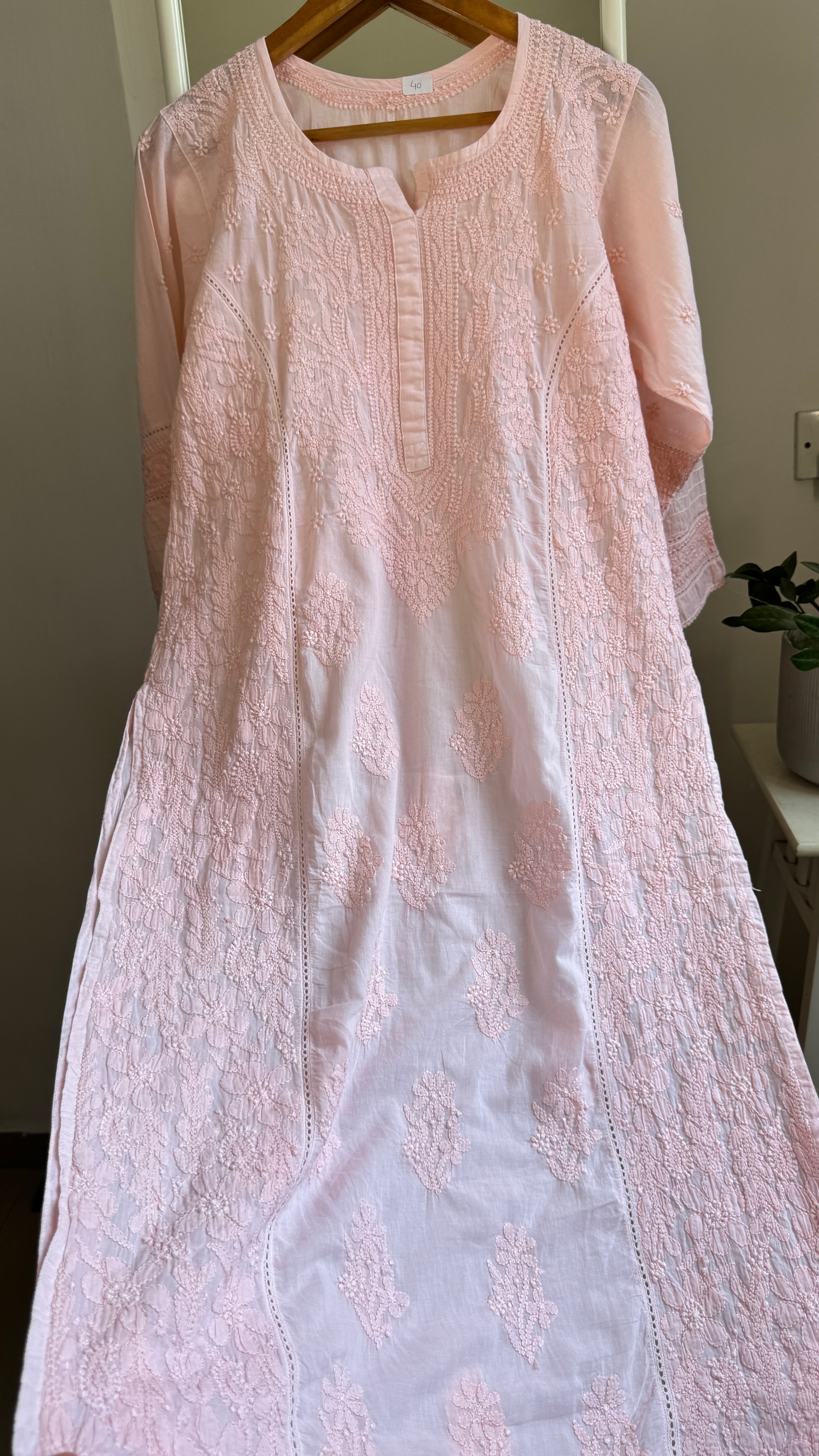 Mul Cotton Chikankari Kurti - Peach Pink - Fiza Collection