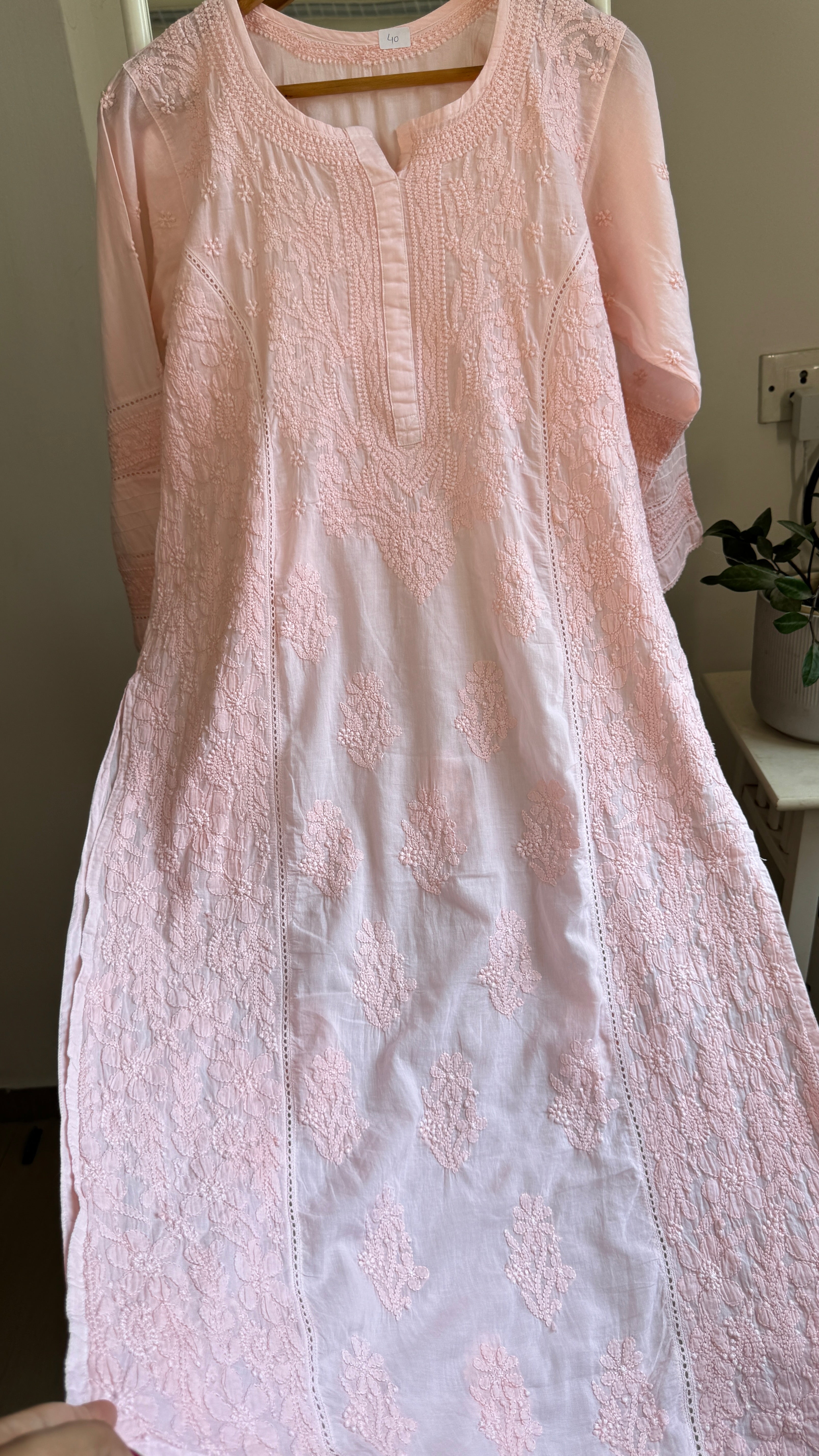 Mul Cotton Chikankari Kurti - Peach Pink - Fiza Collection