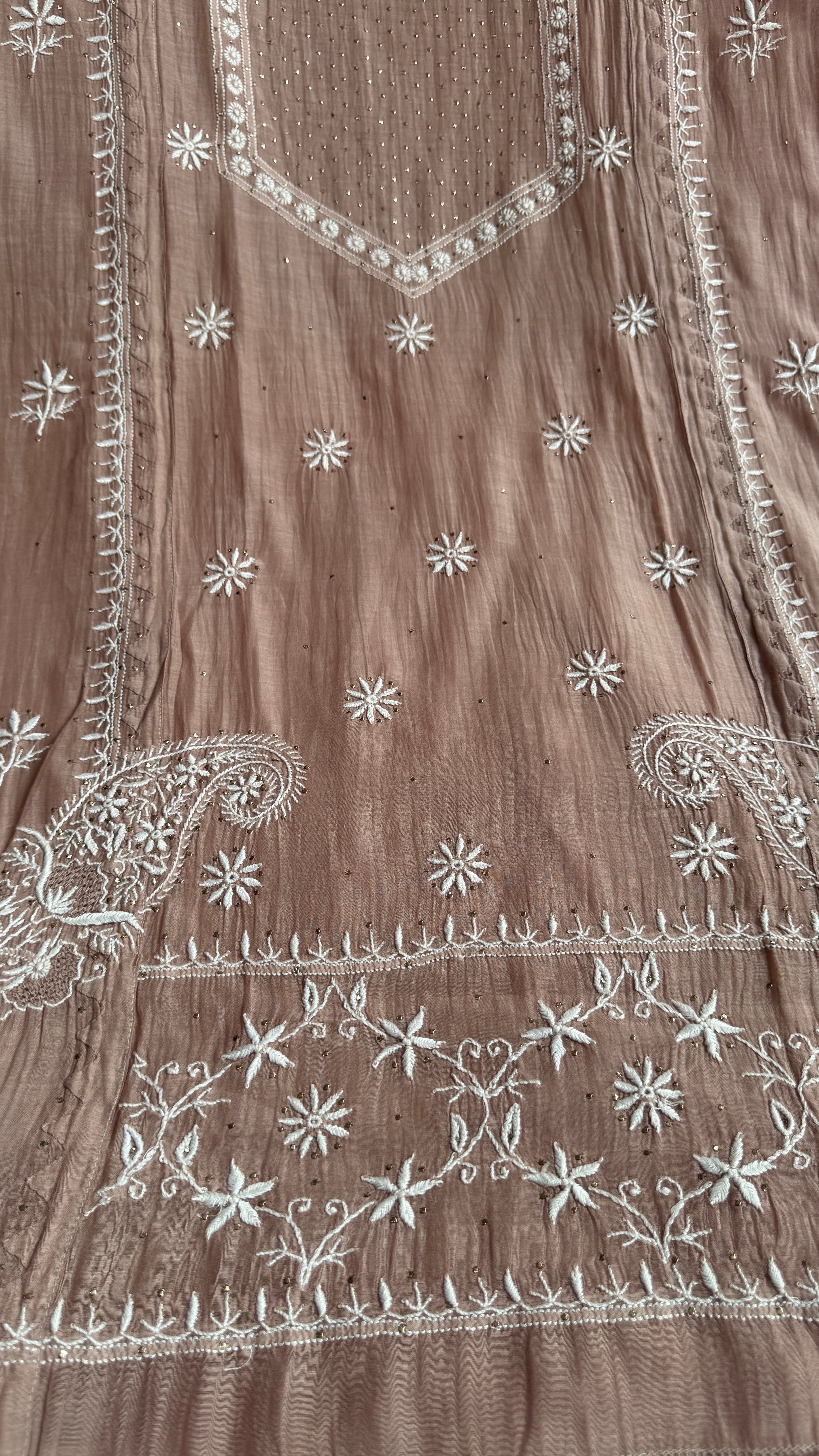 Mul Chanderi Chikankari Unstitched Length with Dupatta with Mukaish Add-On- Nude Pink