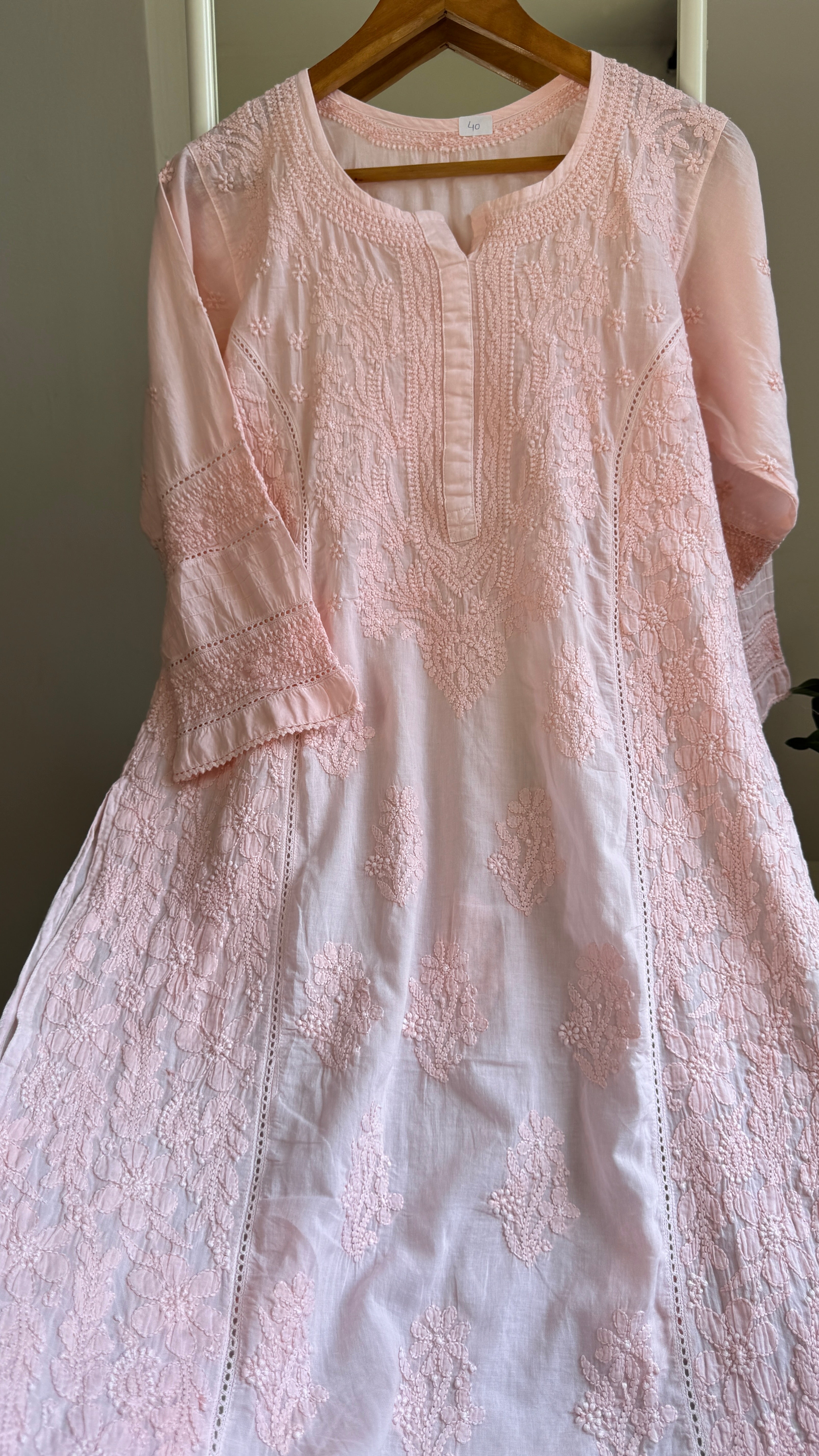 Mul Cotton Chikankari Kurti - Peach Pink - Fiza Collection