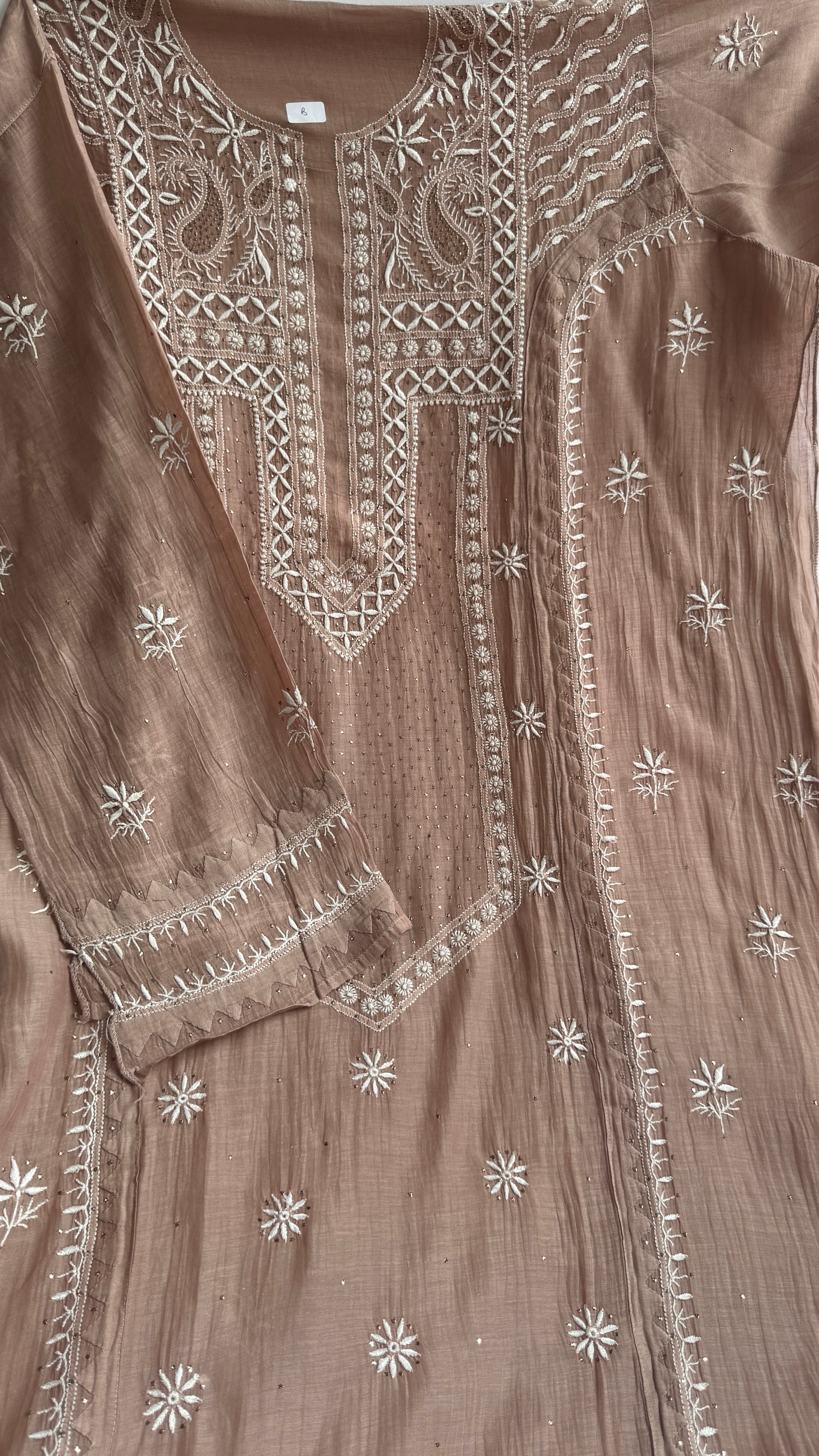 Mul Chanderi Chikankari Unstitched Length with Dupatta with Mukaish Add-On- Nude Pink