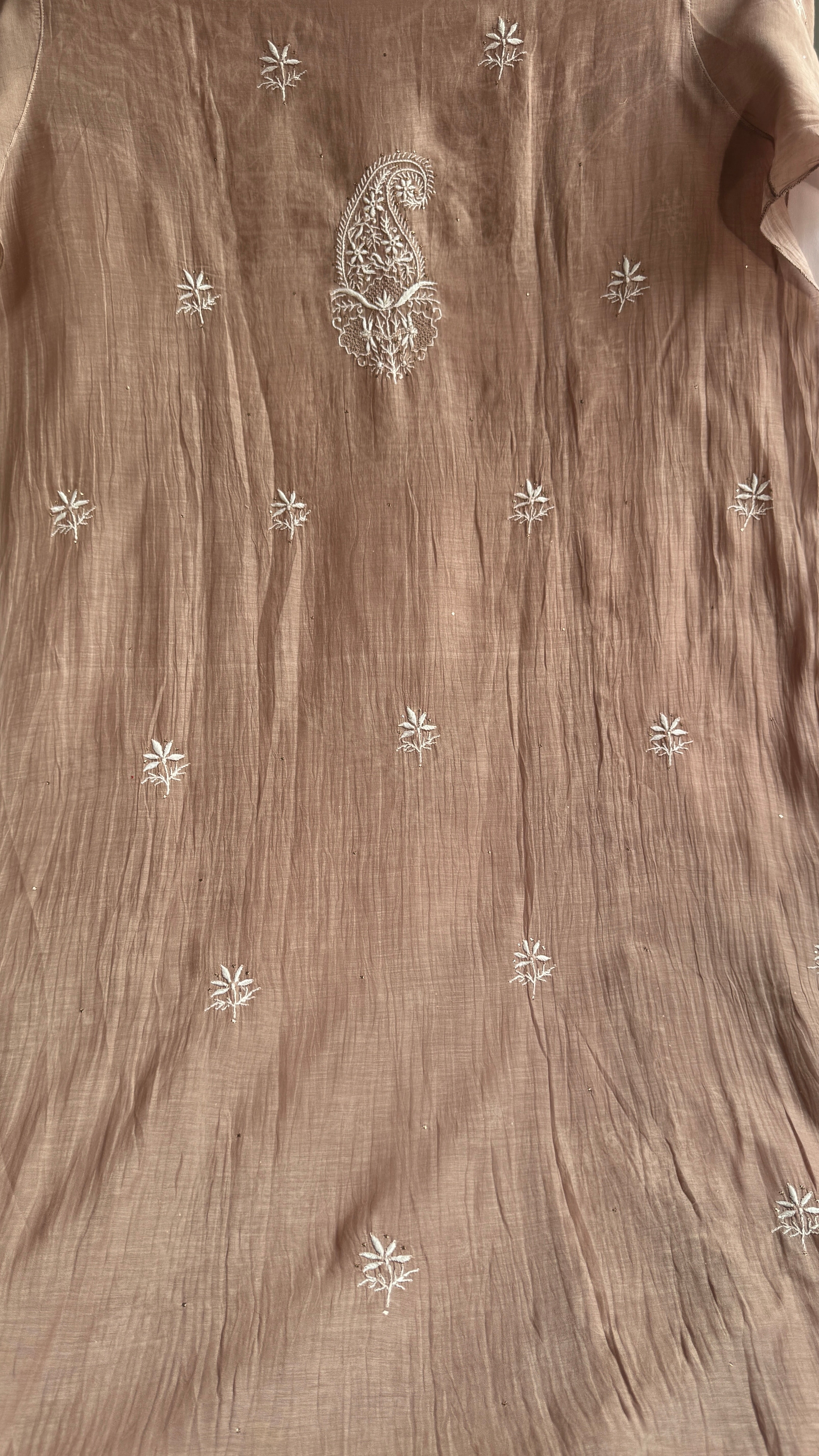 Mul Chanderi Chikankari Unstitched Length with Dupatta with Mukaish Add-On- Nude Pink