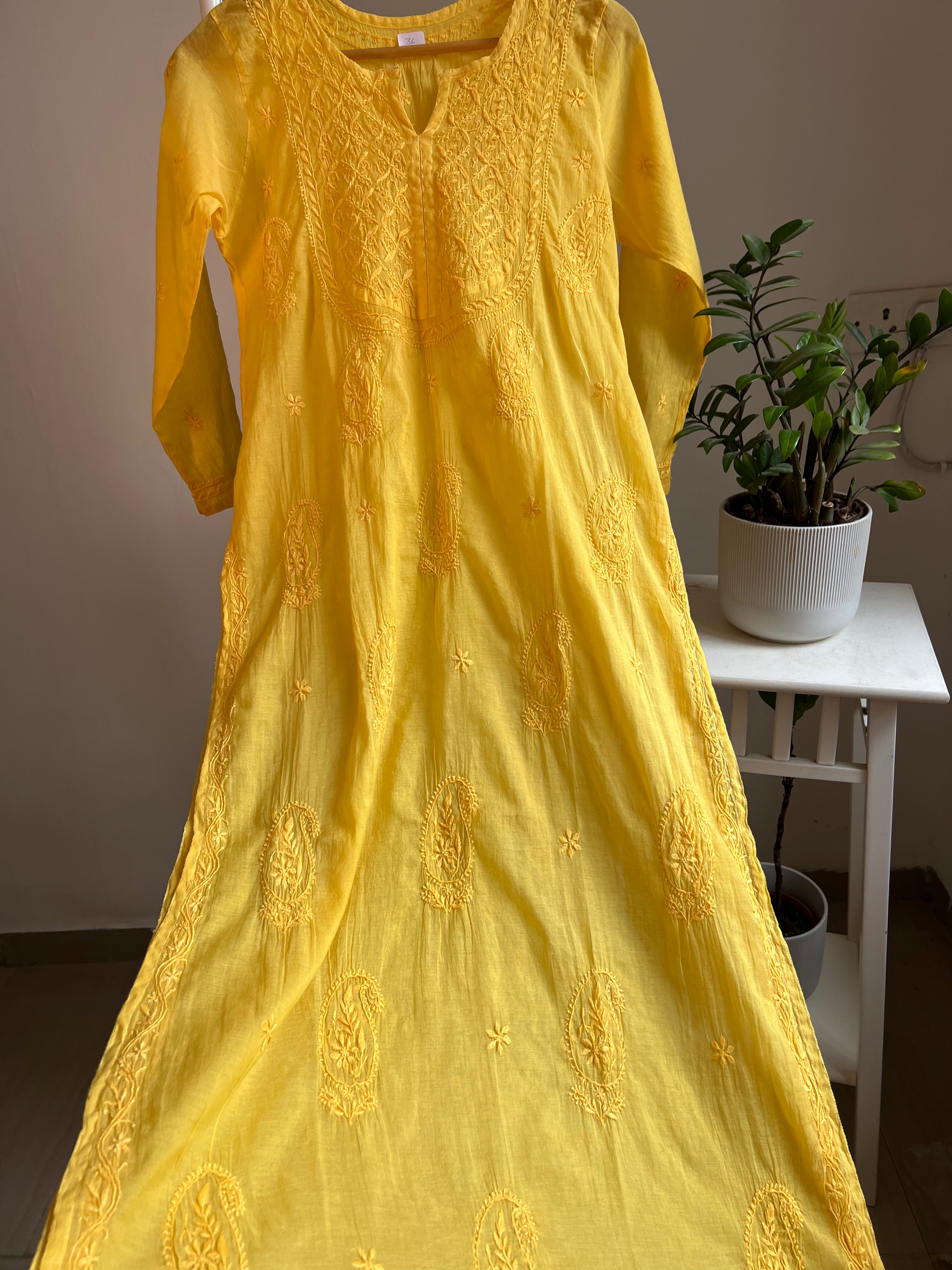 Mul Cotton Chikankari Kurti - Yellow ARIAA CHIKANKARI