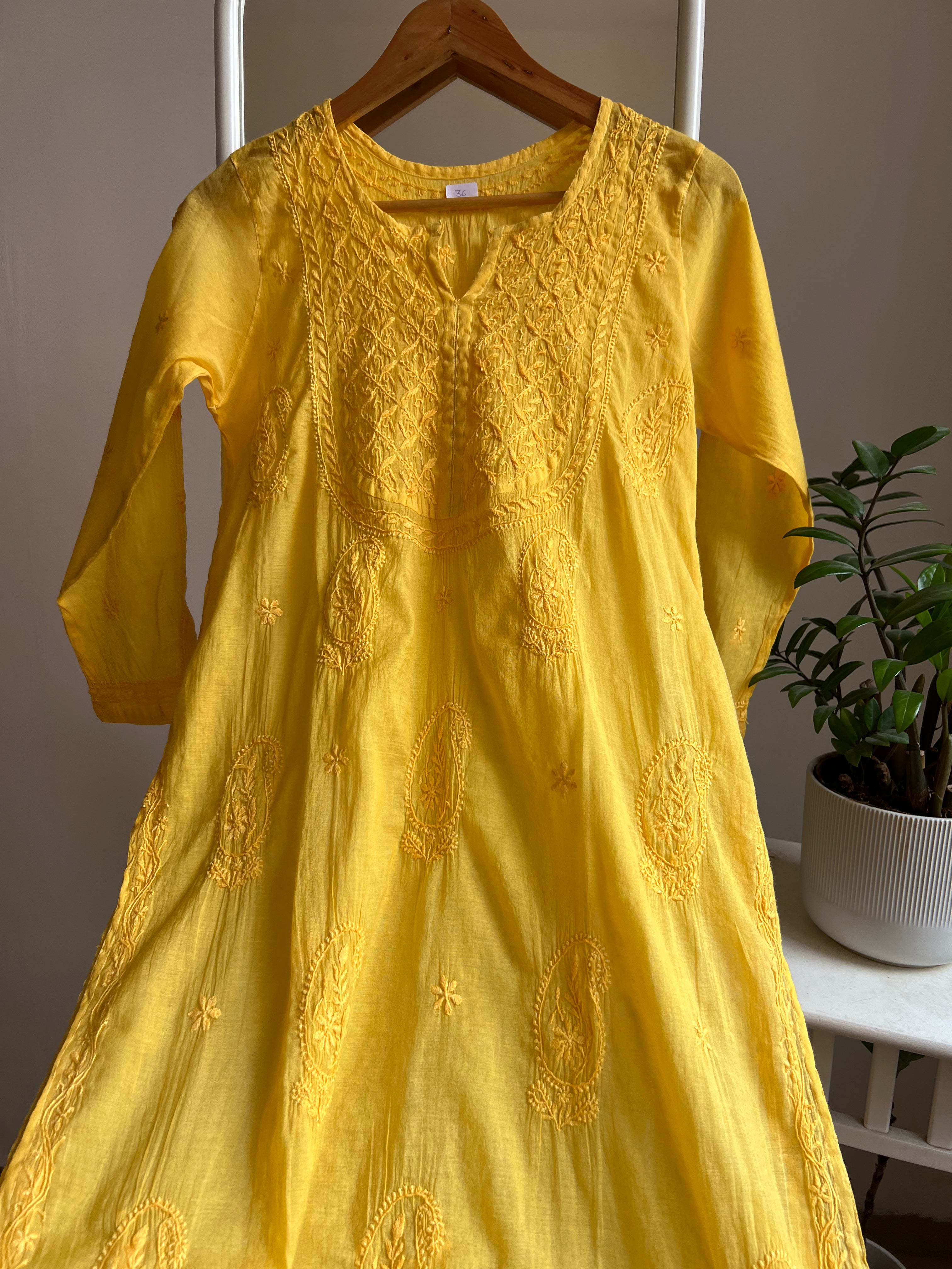 Mul Cotton Chikankari Kurti - Yellow ARIAA CHIKANKARI