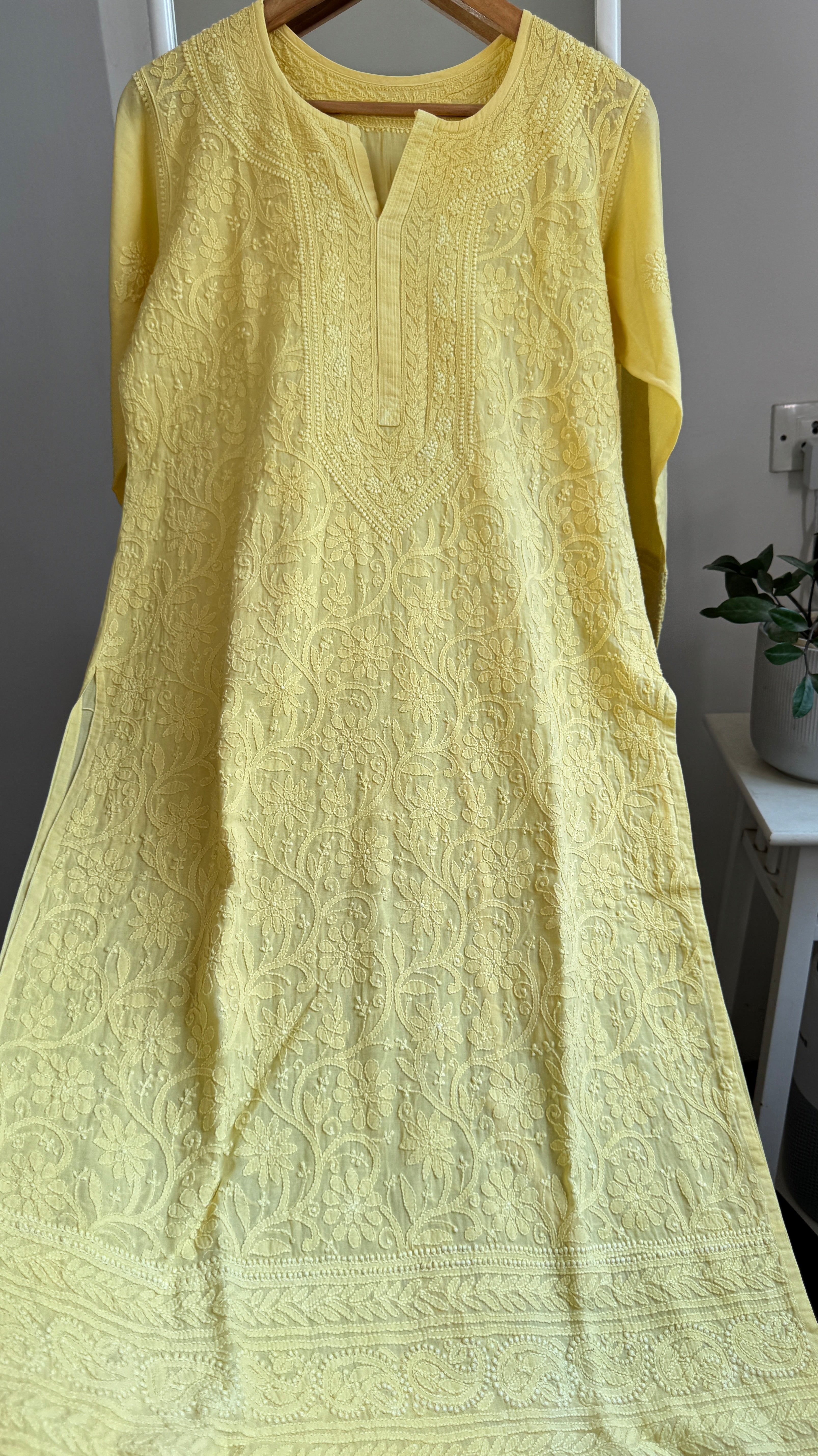 Pure Cotton Chikankari Full Jaal Kurti - Yellow - Naaz Collection