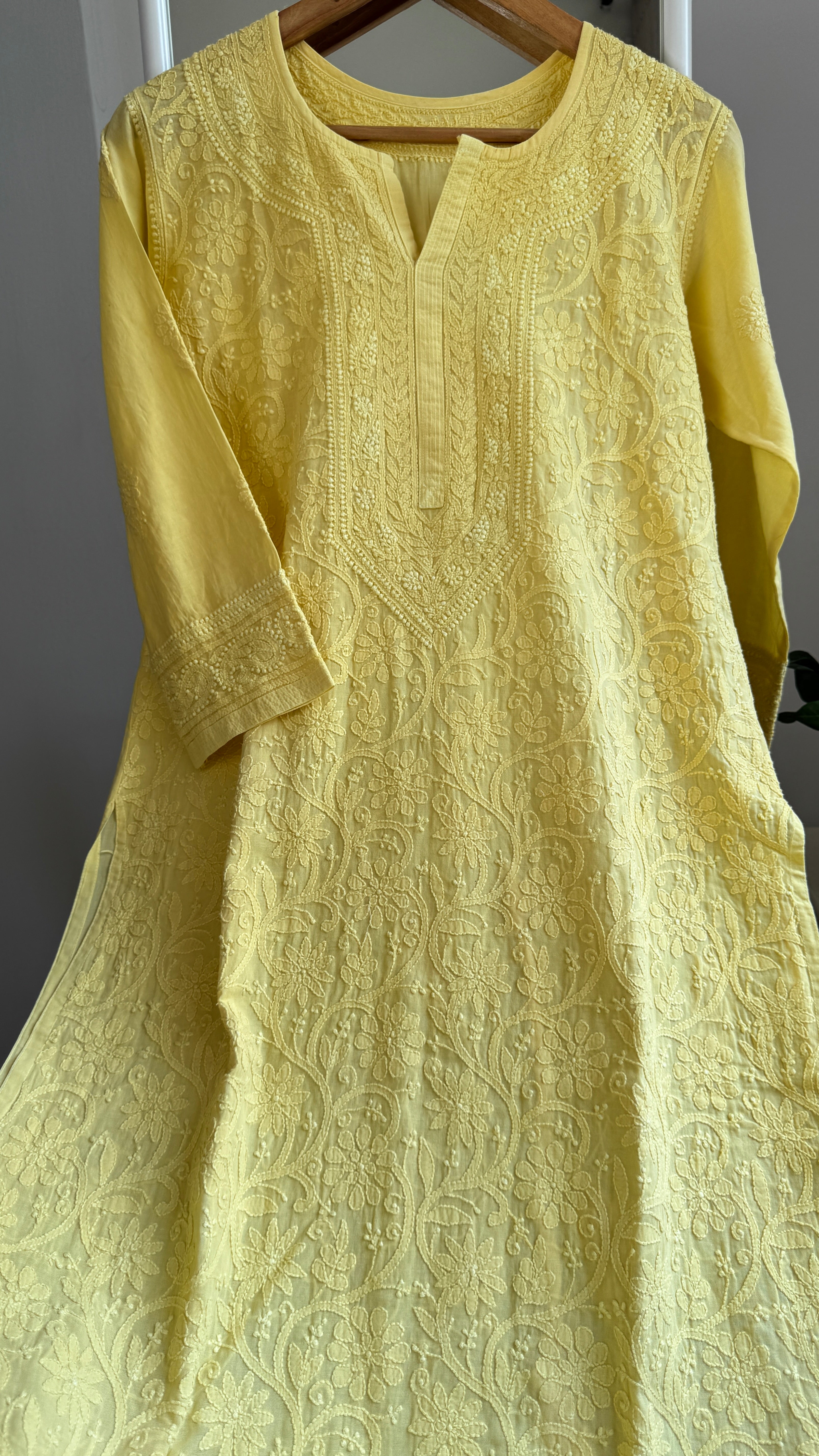 Pure Cotton Chikankari Full Jaal Kurti - Yellow - Naaz Collection
