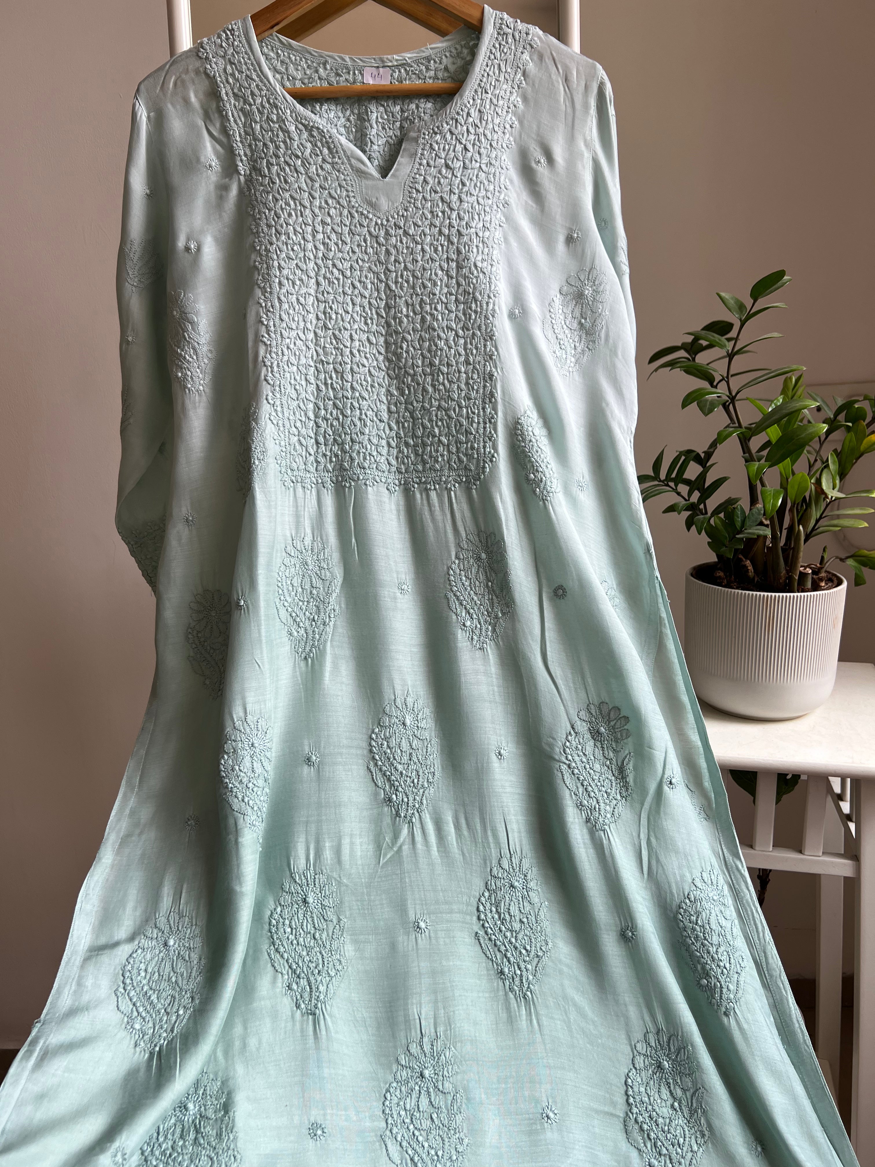 Muslin Chikankari Kurti - Green Ombre
