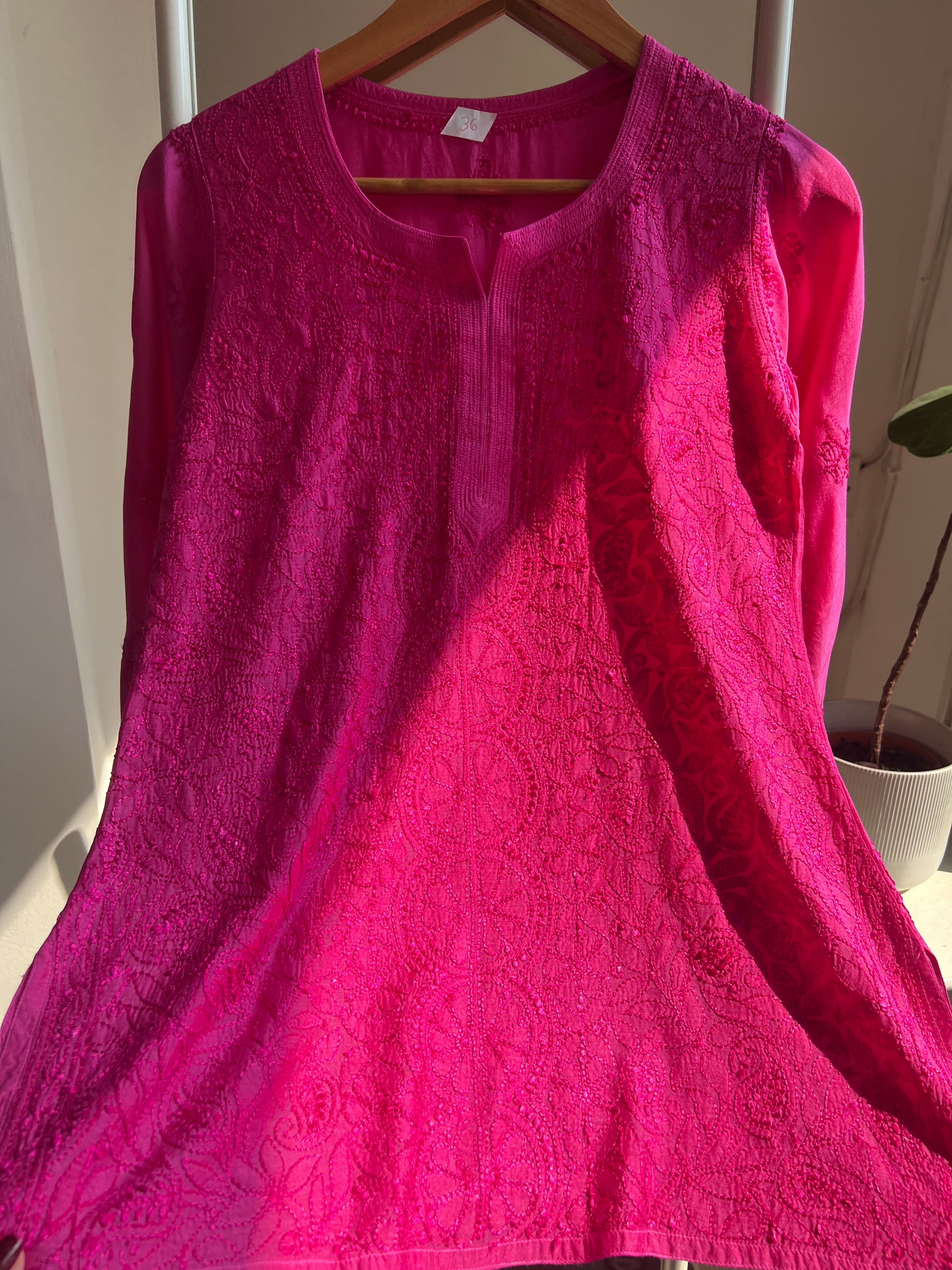 Chikankari Muslin short Top in hot Pink - HOOR Collection