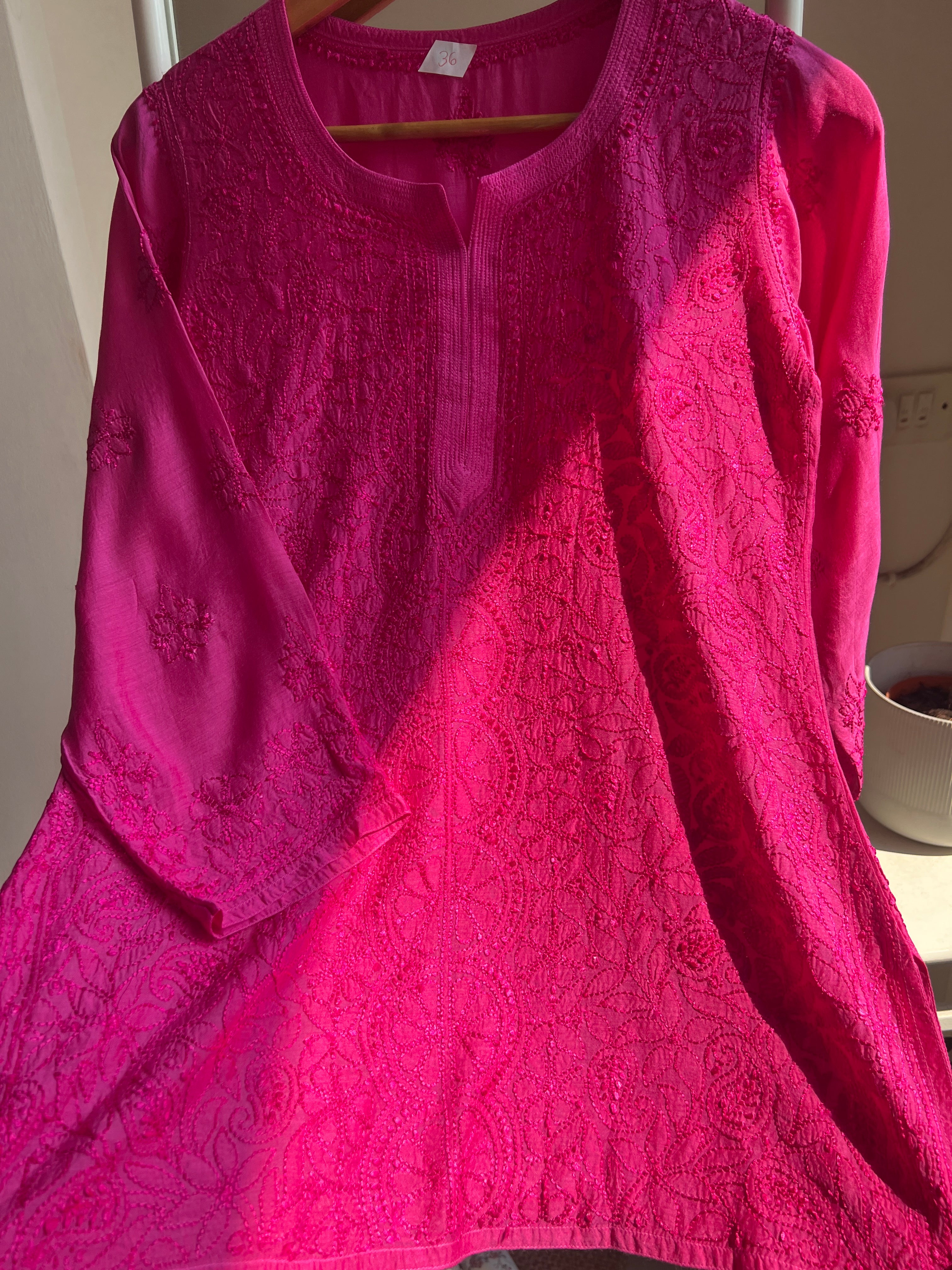 Chikankari Muslin short Top in hot Pink - HOOR Collection