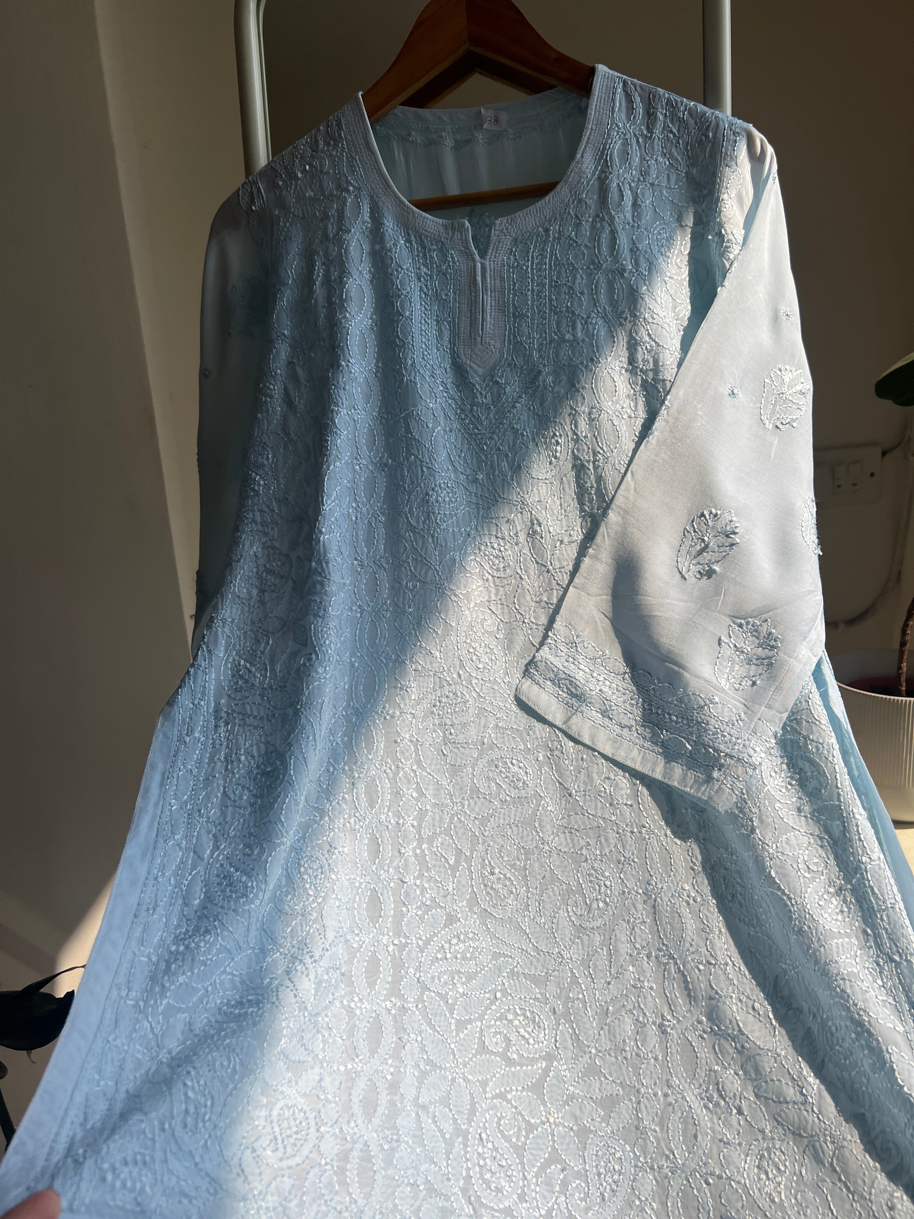 Chikankari Muslin short Top in Baby Blue - HOOR Collection