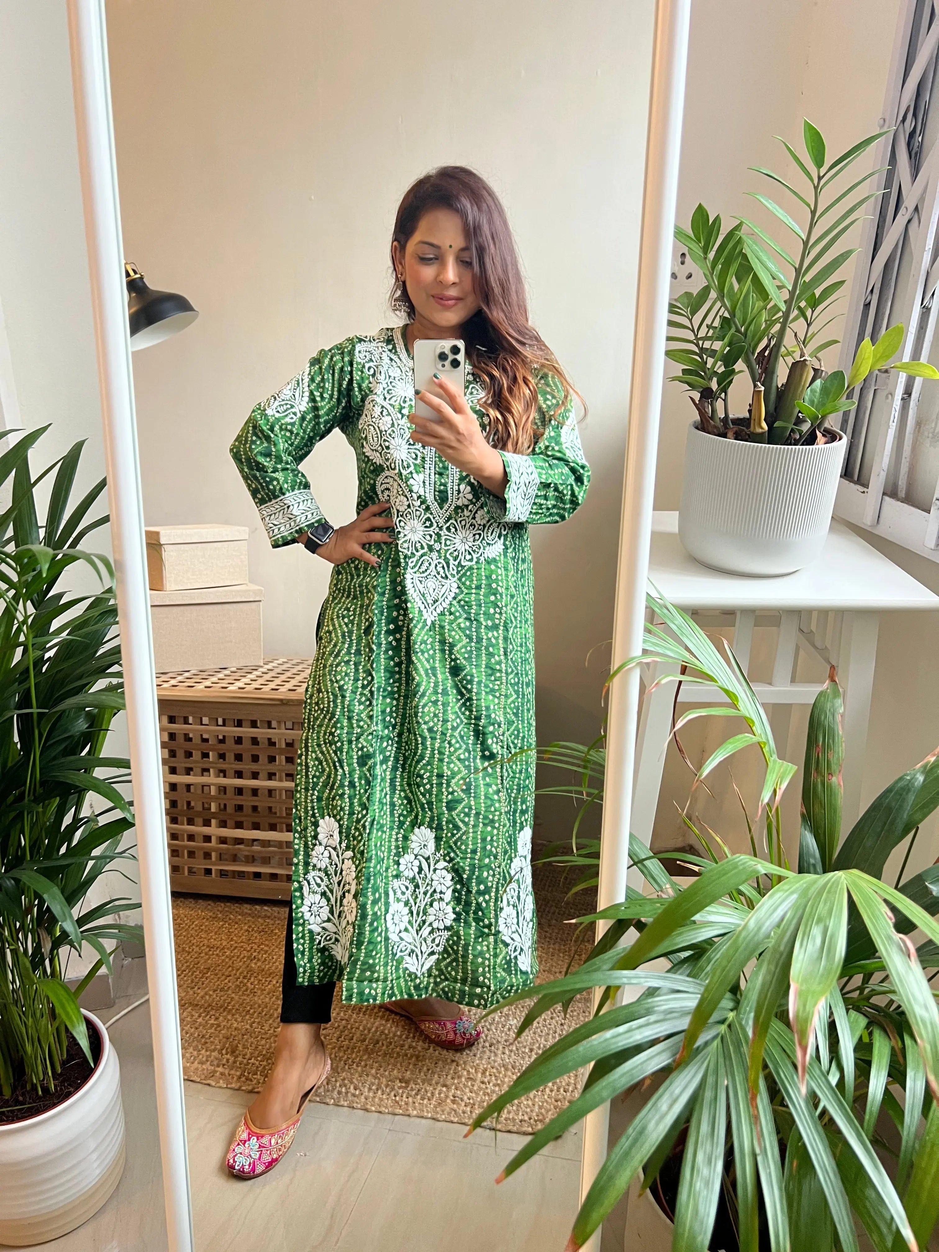 Cotton Printed Chikankari Kurti - Green ARIAA CHIKANKARI