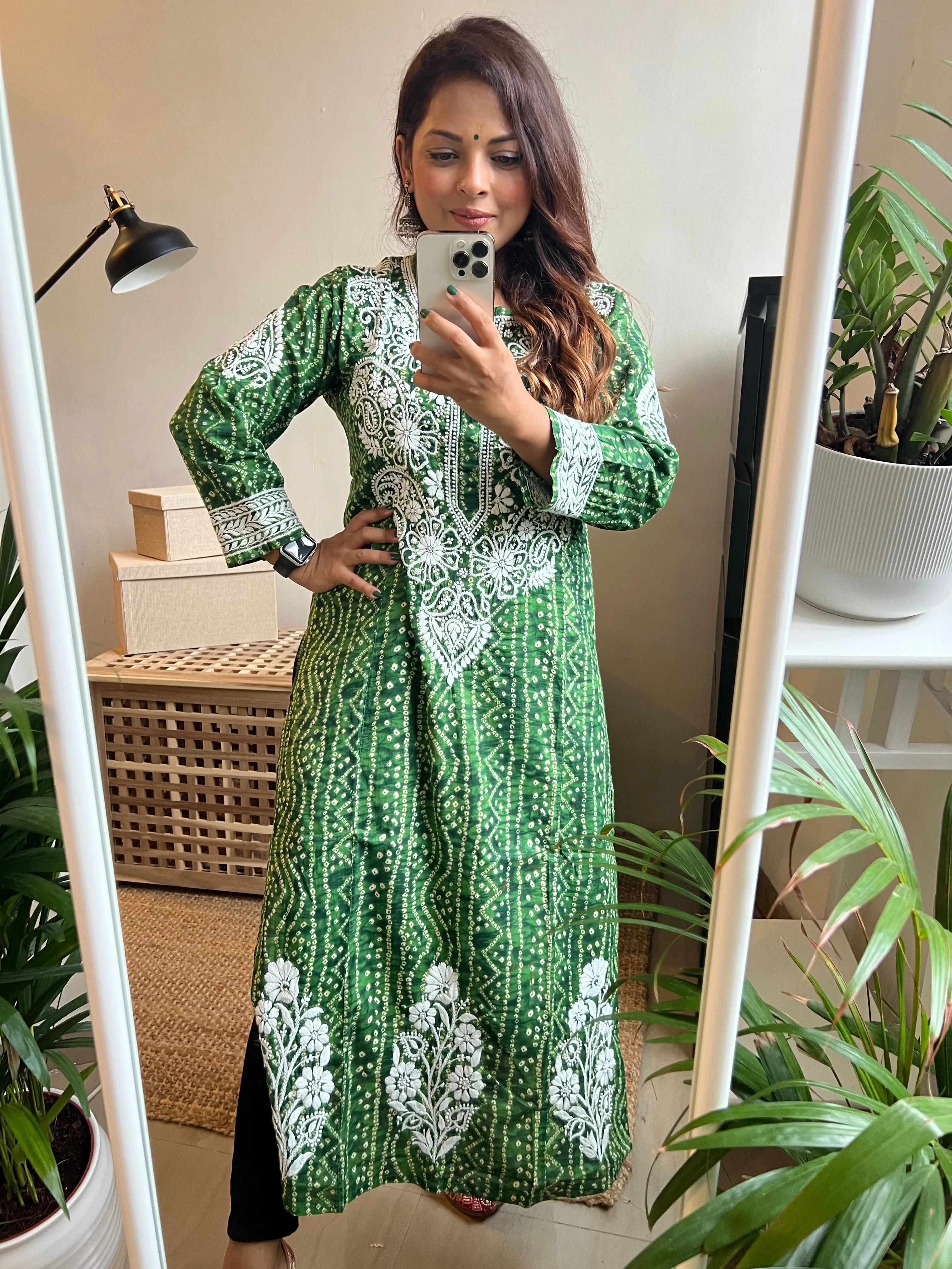 Cotton Printed Chikankari Kurti - Green ARIAA CHIKANKARI