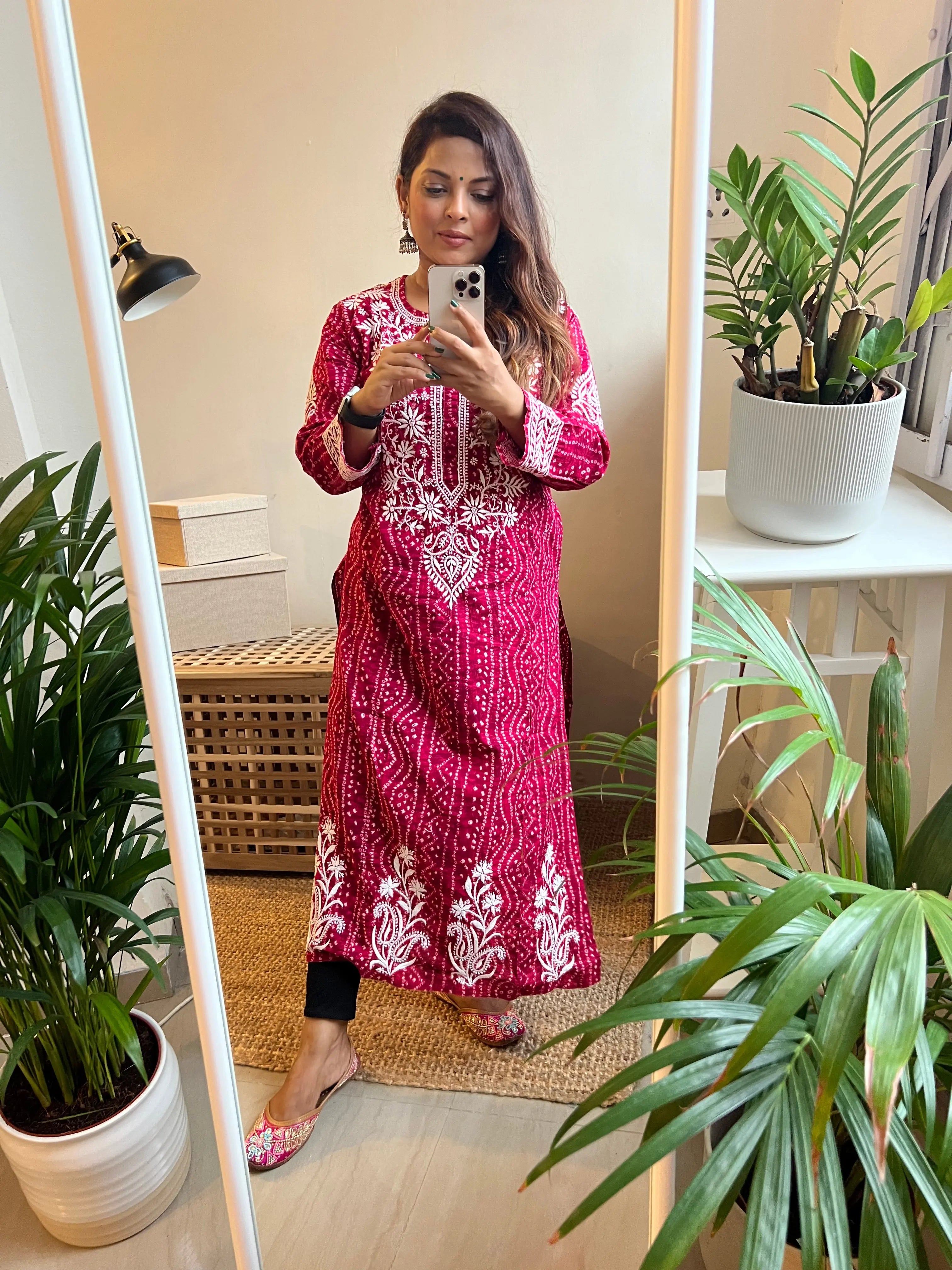 Cotton Printed Chikankari Kurti - Rani Pink ARIAA CHIKANKARI