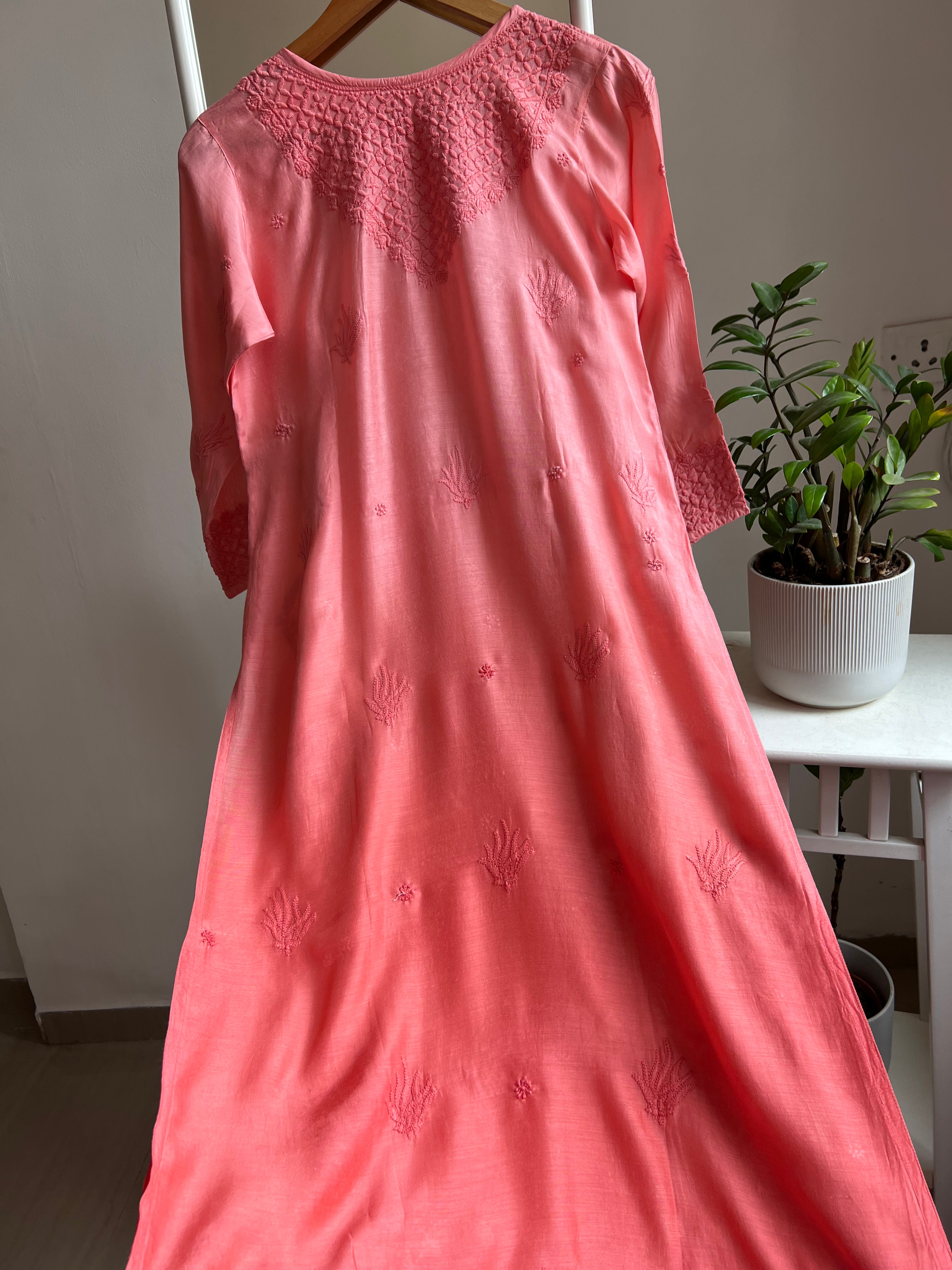 Muslin Chikankari Kurti - Rosewood Pink Ombre ARIAA CHIKANKARI